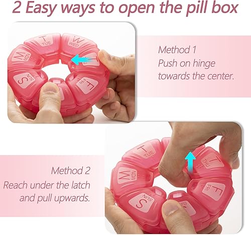 Miniatura 4 de Organizador semanal redondo de píldoras, goma TPU, contenedor de píldoras de viaje para 7 días, con 7 compartimentos grandes, ideal para vitaminas y