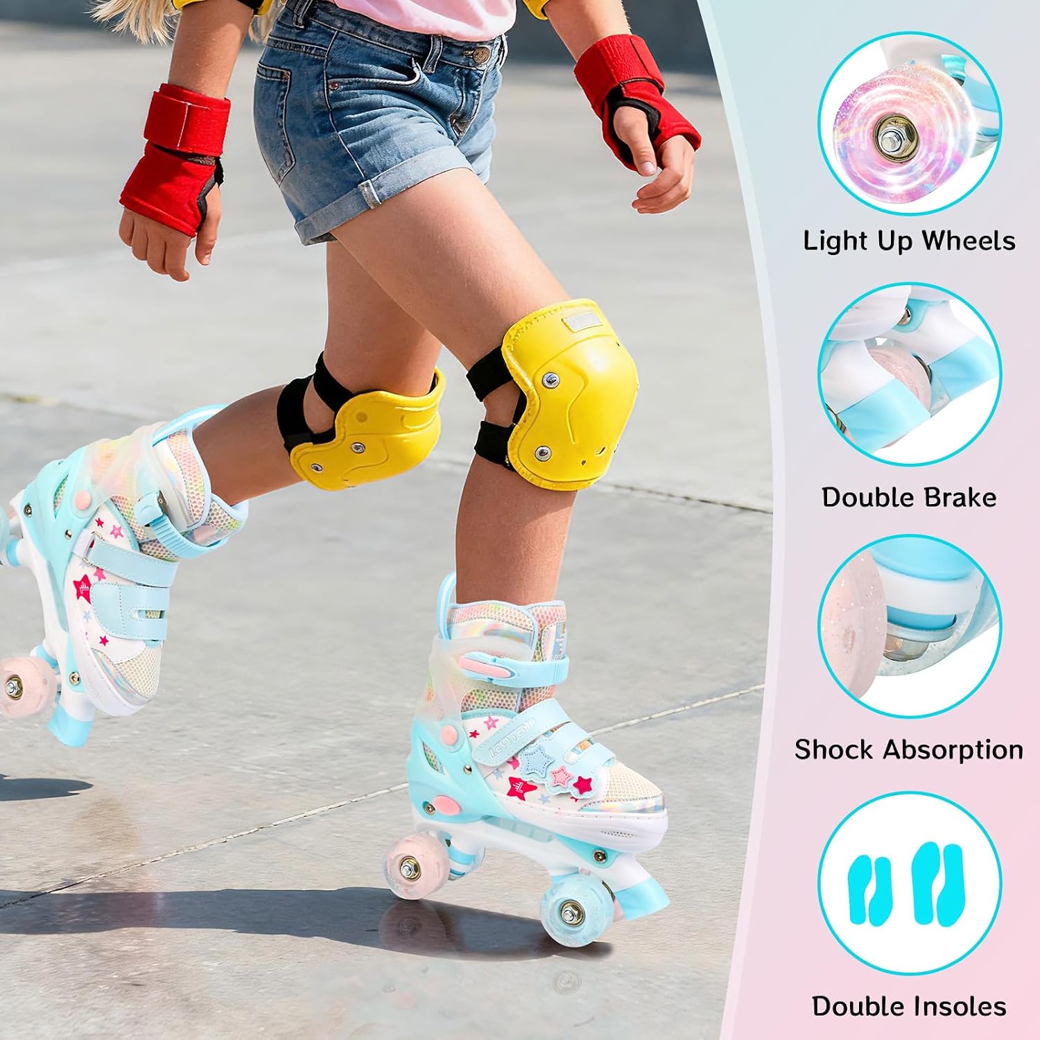 Kids Roller Skates for Girls Kids with Light Up Wheels, Adjustable 4 Sizes (10C-7.5Y), Star Design, Triple Safety System, Ideal Gift for Ages 3-12