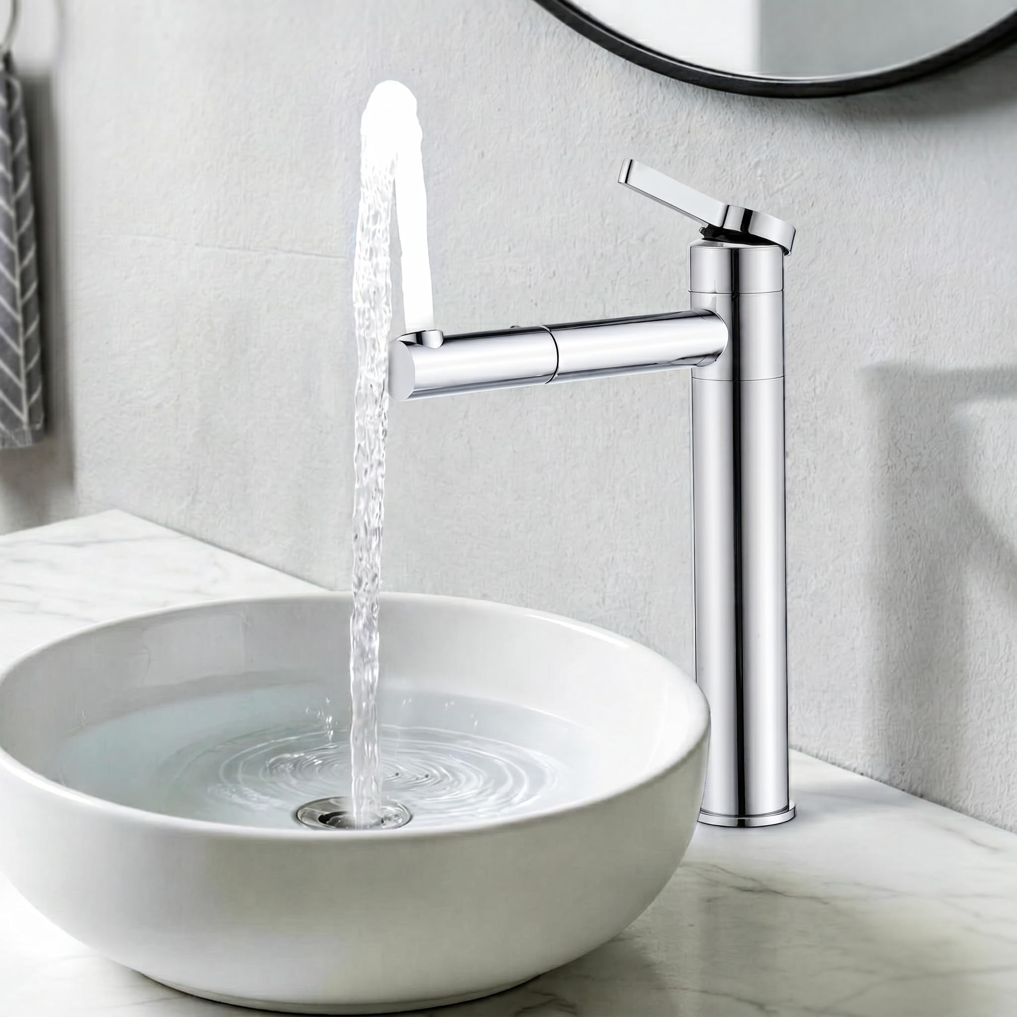 HOMELODY Grifo de lavabo alto cromado, doble caño y cuerpo giratorios 360°, 215 mm de altura de caño de acero inoxidable, grifo monomando para baño, ahorro de agua