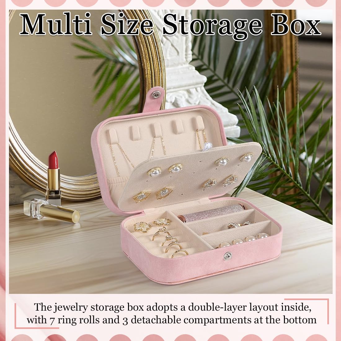 Joyero Pequeño Portátil para Mujer, Caja de Joyas para Anillos, Pendientes, Collares, Pulseras - Rosa