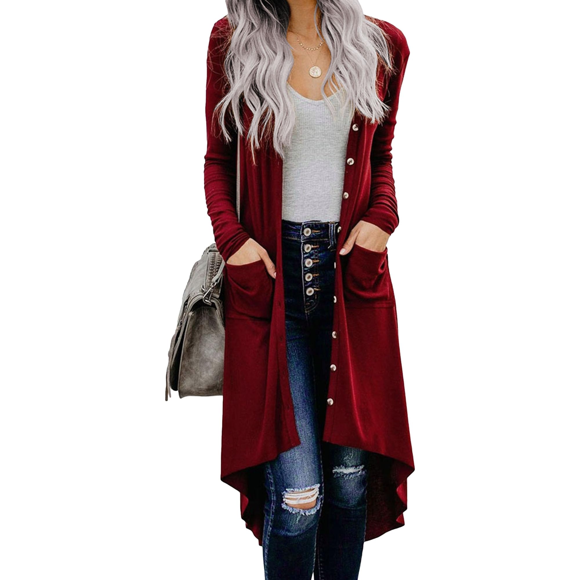 Womens Button Down Stylish Pocket Long Sweater Open Front Comfort Warm Sweater Solid Cardigan Knit Sweaters