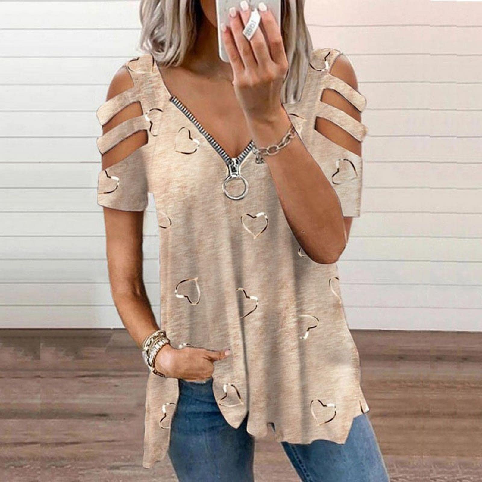 MOGSA T-shirt Estate Donna Oversize T-Shirt Cuore Stampa Spalla Aperta Manica Corta Top Femminile Plus Size Abbigliamento Donna