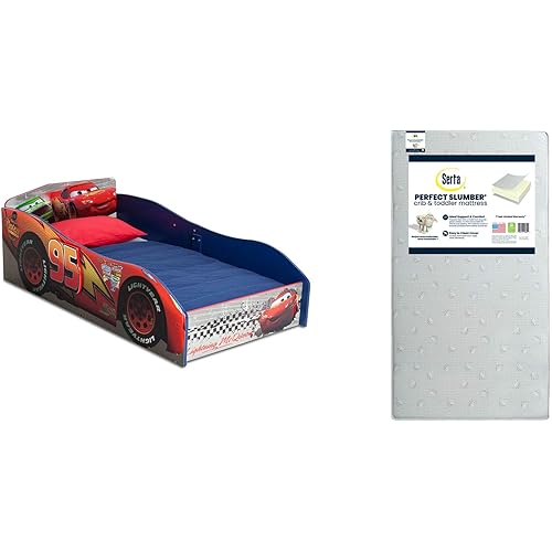 Delta Children Disney/Pixar Cars Wood Toddler Bed + Serta Perfect Slumber Dual Sided Recycled Fiber Core Crib and Toddler Mattress (Bundle)