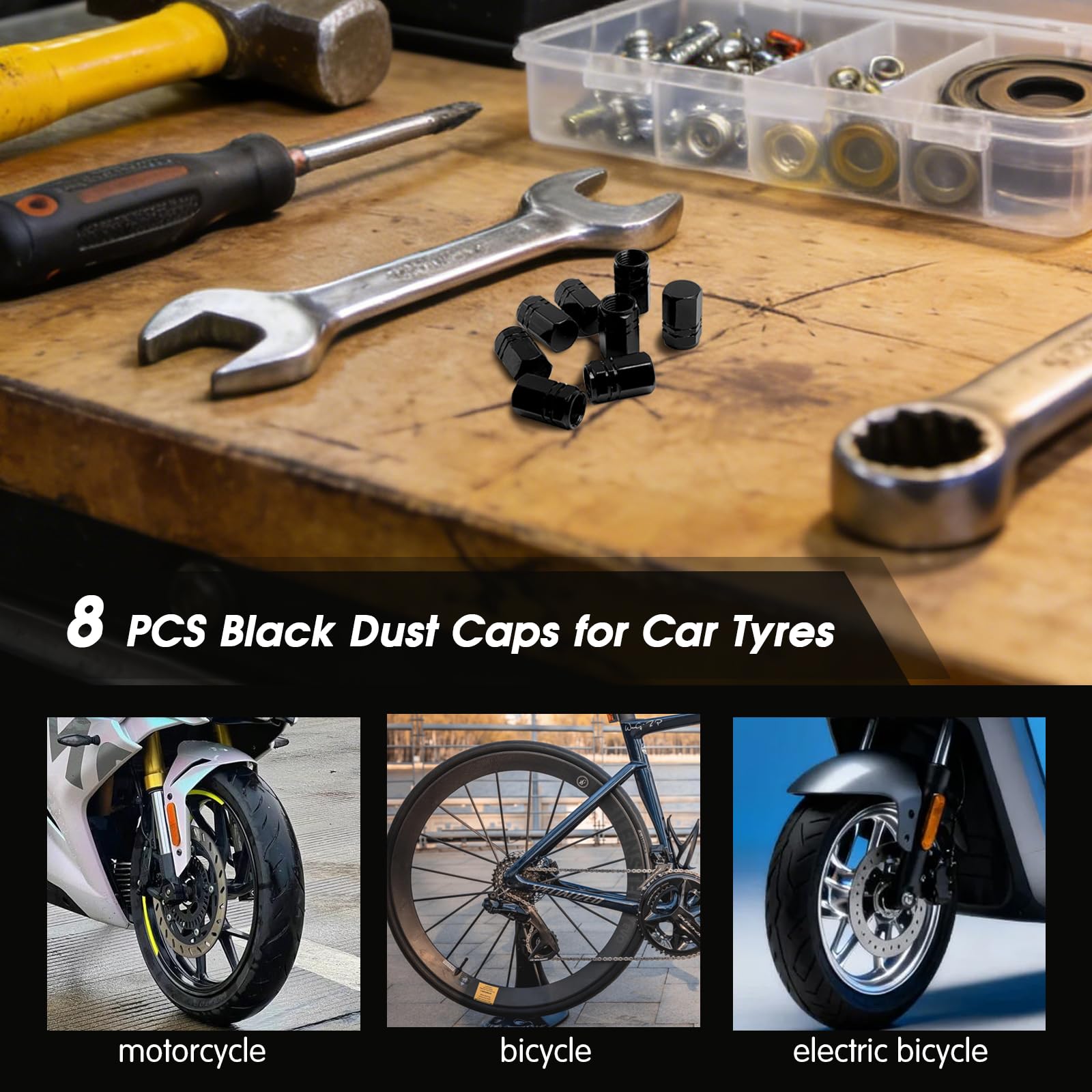 CrestHaven 8 Pcs Aluminum Valve Caps, Car Dust Caps, Tyre Valve Caps, Universal Tyre Valve Caps, Car Caps with Gasket for Motorbike, Trucks, Bike, Electric Scooter, SUV, Baby Buggies (black) — view 4