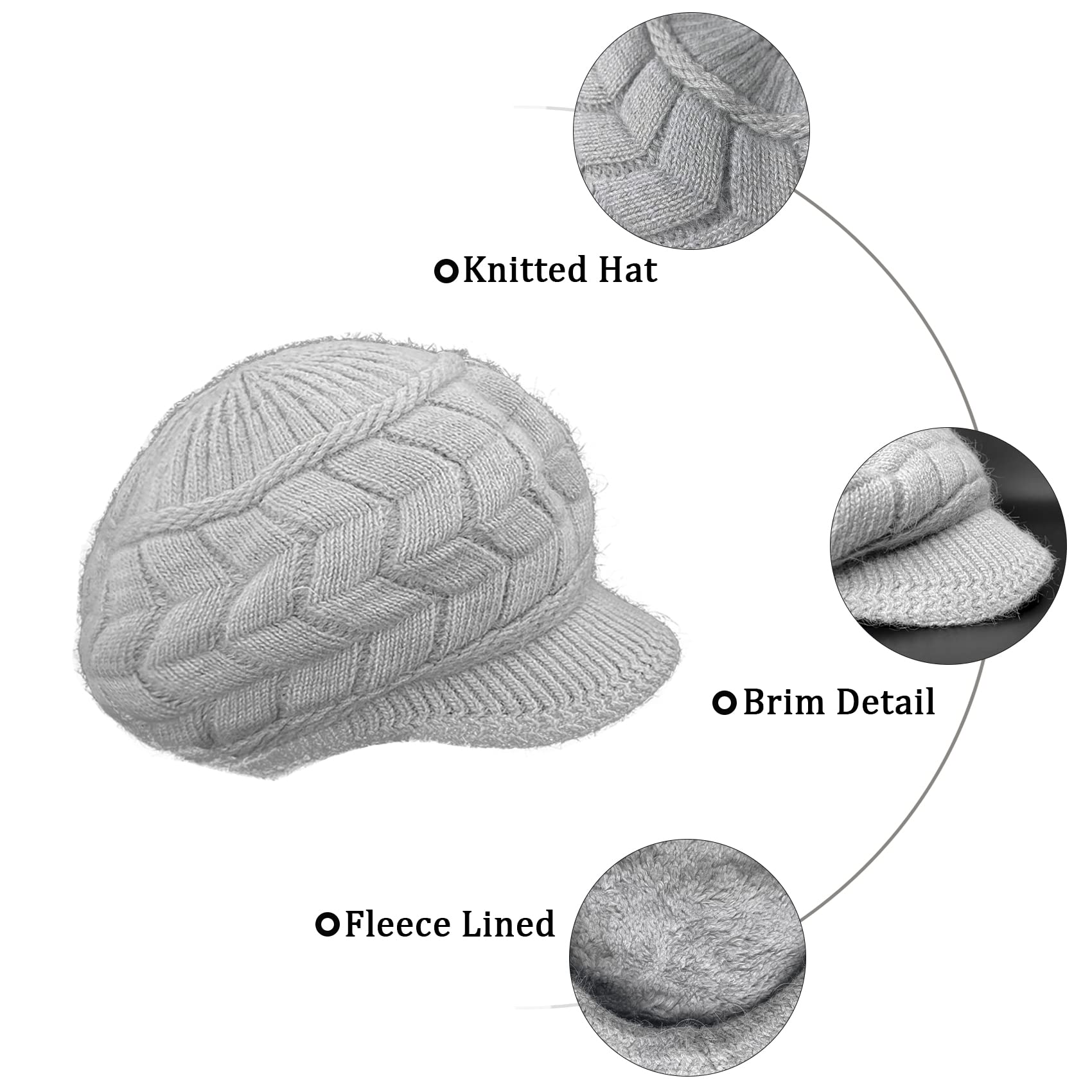 WS-H1 - Gorro de lana con forro polar cálido para mujer, gorro de punto con visera, para nieve, esquí, clima frío, invierno