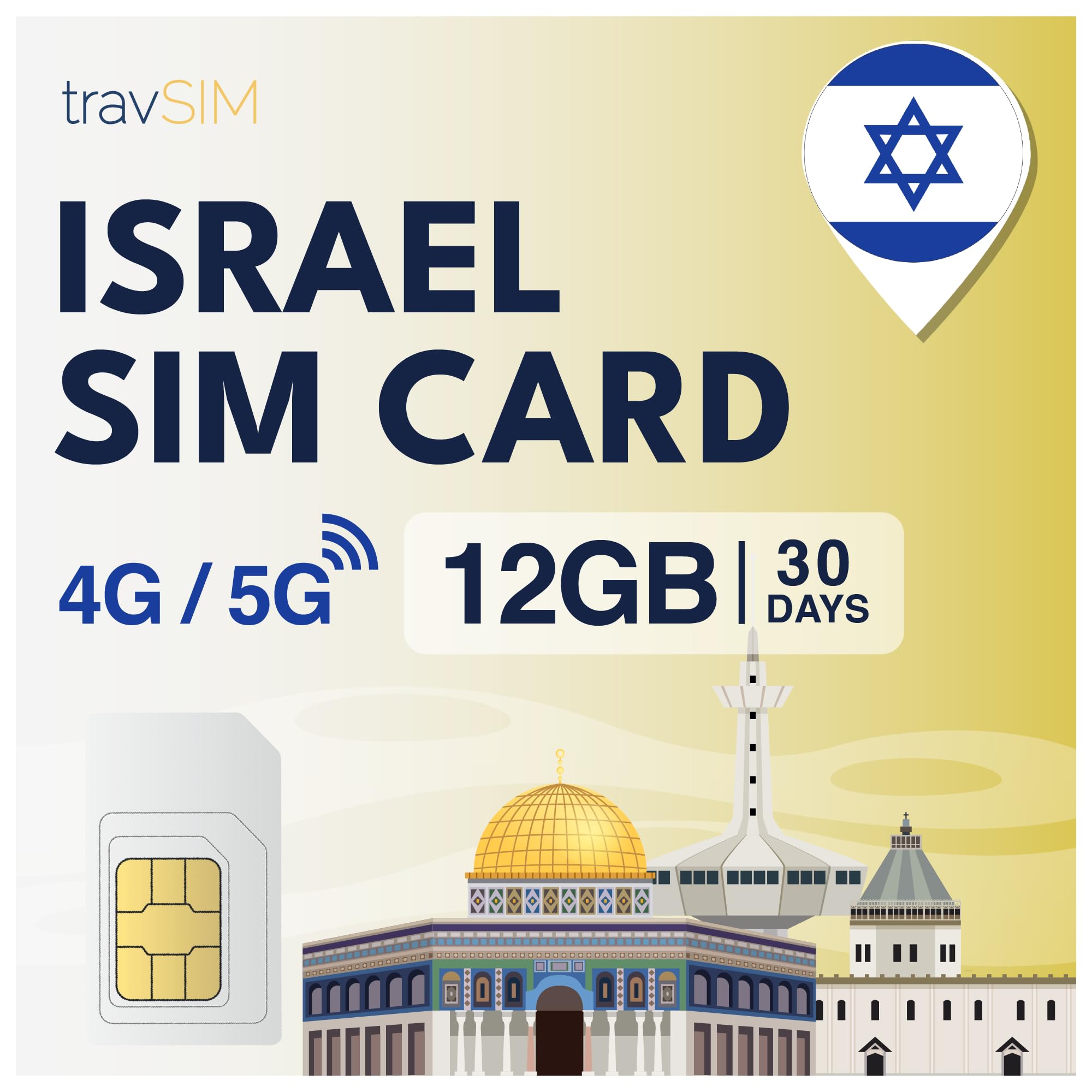 travSIM Israel SIM Card Prepaid | 12GB di dati mobili a velocità 4G/5G | La carta SIM israeliana funziona su dispositivi iOS e Android | Il piano sulla carta SIM Israele è valido per 30 giorni