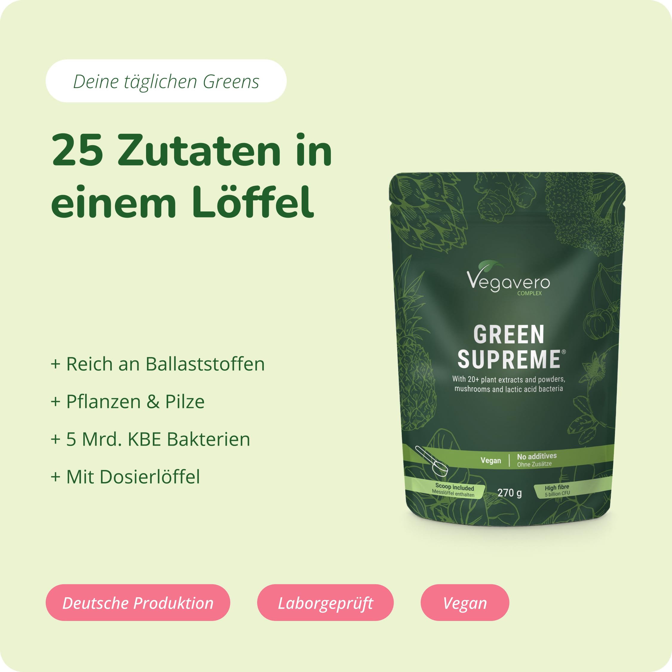 Vegavero Green Supreme – Greens Pulver 270g mit über 20 Superfoods, Pflanzenextrakten & Vitalpilzen – Immunsystem stärken, Energie & Detox - Mit Ballaststoffen & Probiotika, vegan
