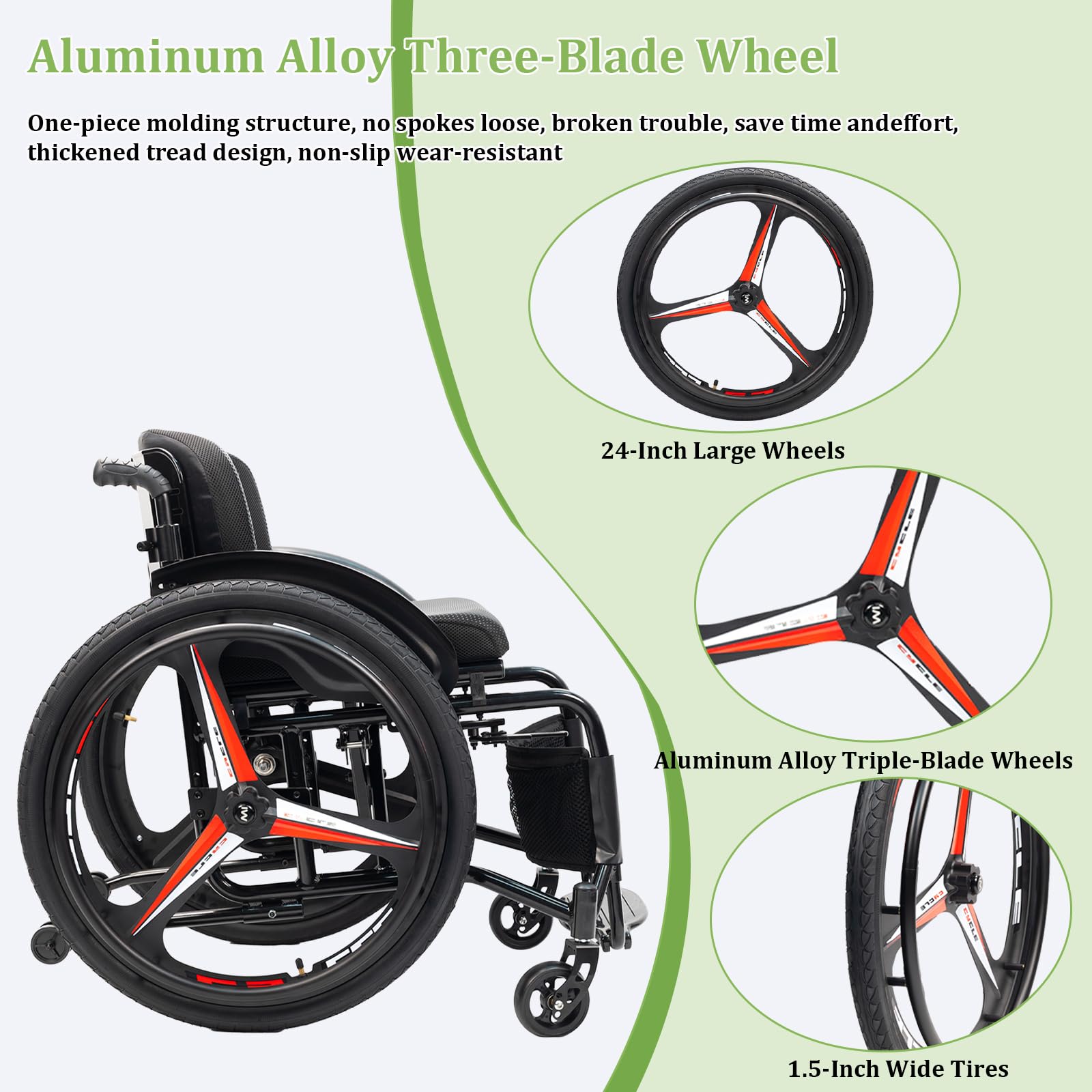 Sedia a Rotelle ad Autospinta Pieghevole Leggera, Poggiapiedi Pieghevoli, Freno Manuale, Ruote antiribaltamento(43cm/16.9in Seat,Daily)