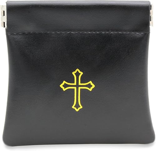 Bolsa de rosario con tapa apretable, piel sintética negra con impresión cruzada