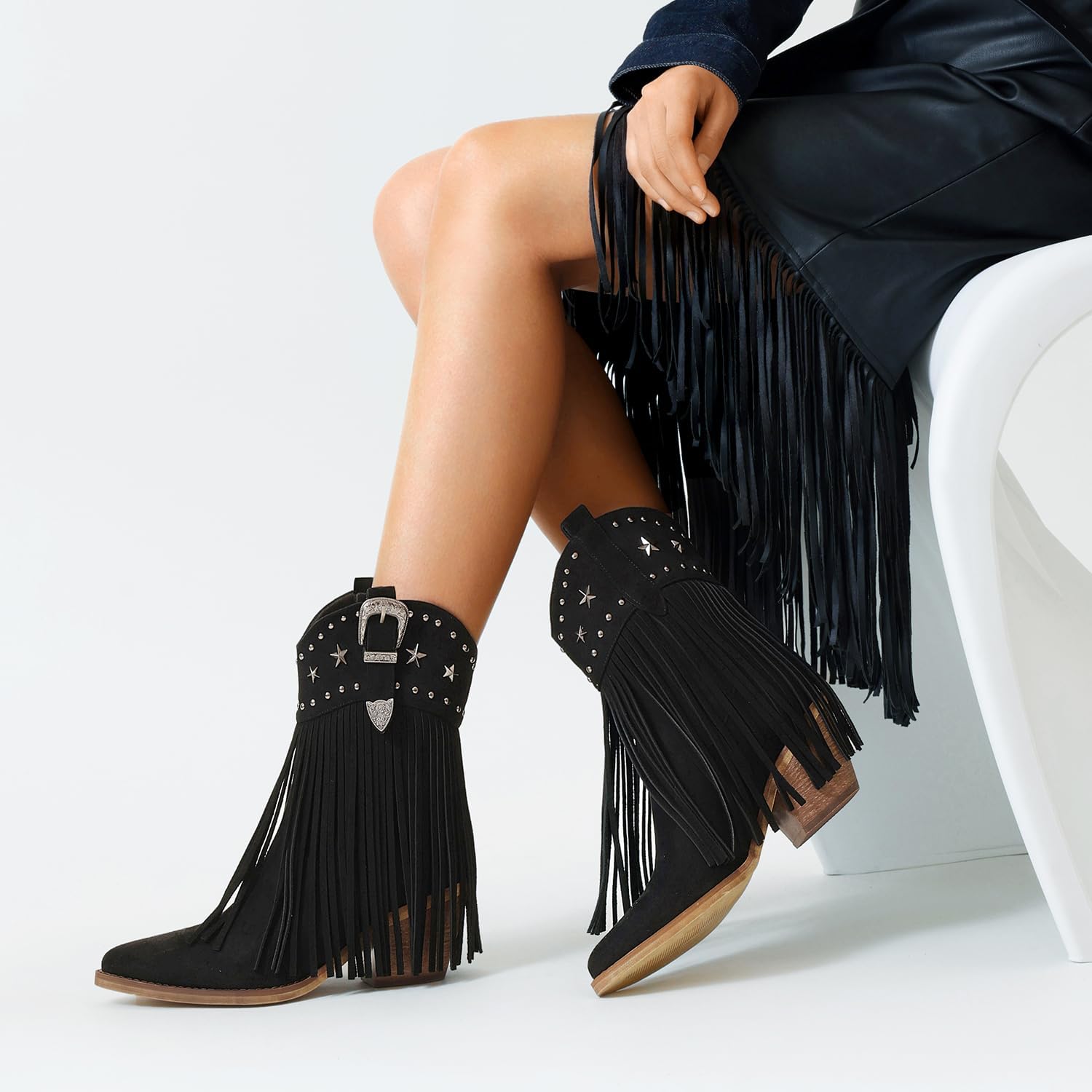 Women Cowgirl Cowboy Boots, Western Ankle Fringe Boots Pointed Toe with Star Studs & Buckle, Retro Suede Short Pull Off Boots with Chunky Heel for Music Festivals & Concerts - Image 5