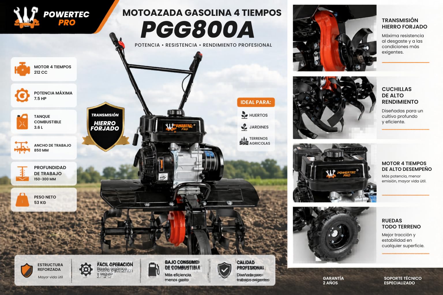Motoazada de Gasolina PG800-A, Hierro Forjado, 77x44x87 cm, 4 Tiempos, 93 kg