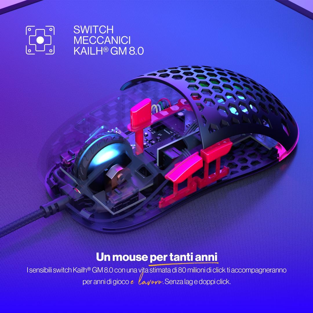 ENDORFY LIX Plus, Mouse da Gaming Leggero (59 g), sensore PixArt PMW3370, 19 000 DPI, Switch Meccanici Kailh GM 8.0 80M, 6 Tasti programmabili, EY6A001