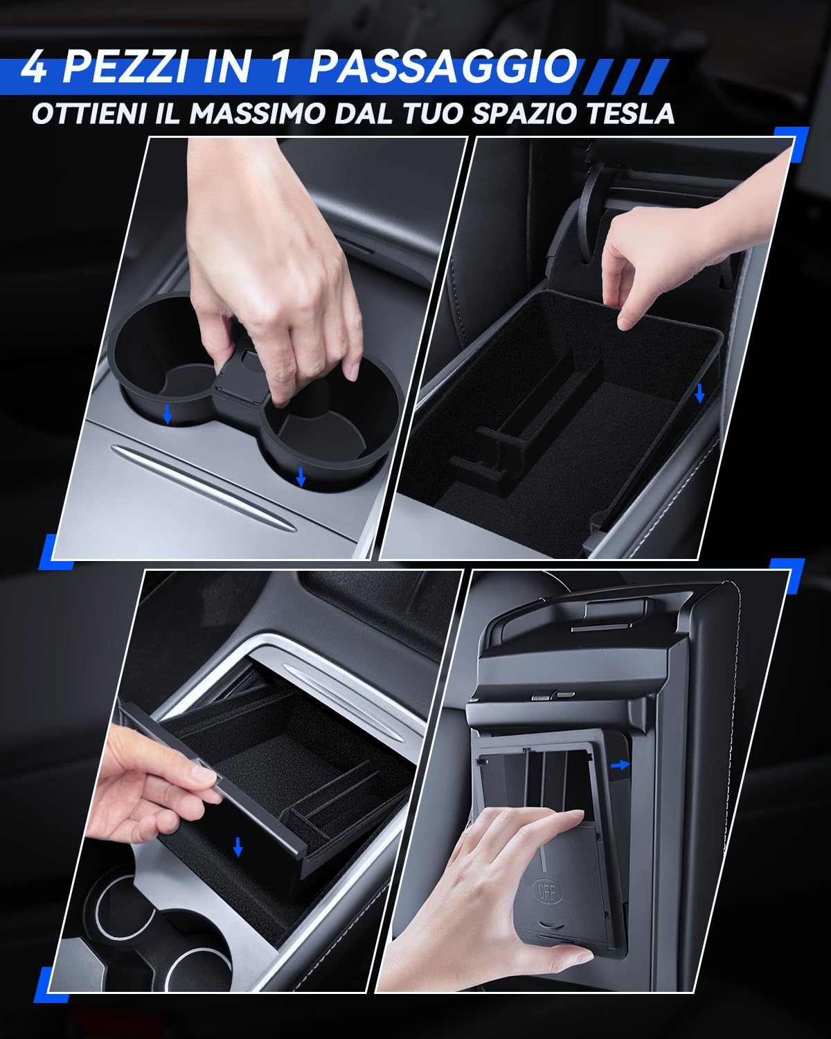 4 Pz Accessori per Tesla Model Y 2021-2024 e Model 3 2021-2023, Organizer per Console Centrale, Scatola di Immagazzinamento per Bracciolo, Scatola Portaoggetti Nascosta e Portabicchieri