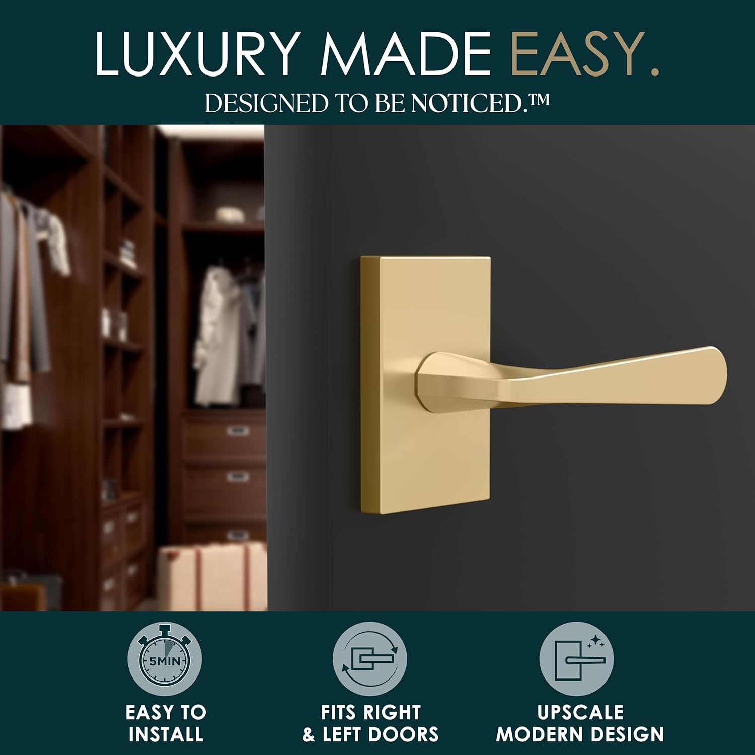 Mega Handles Serrano Dummy Door Handles - 2 Pack Heavy Duty Gold Door Handle, Non-Turning Door Handle for Hallway, Closet & French Doors, Single Side, Fits All Standard Doors - Satin Brass