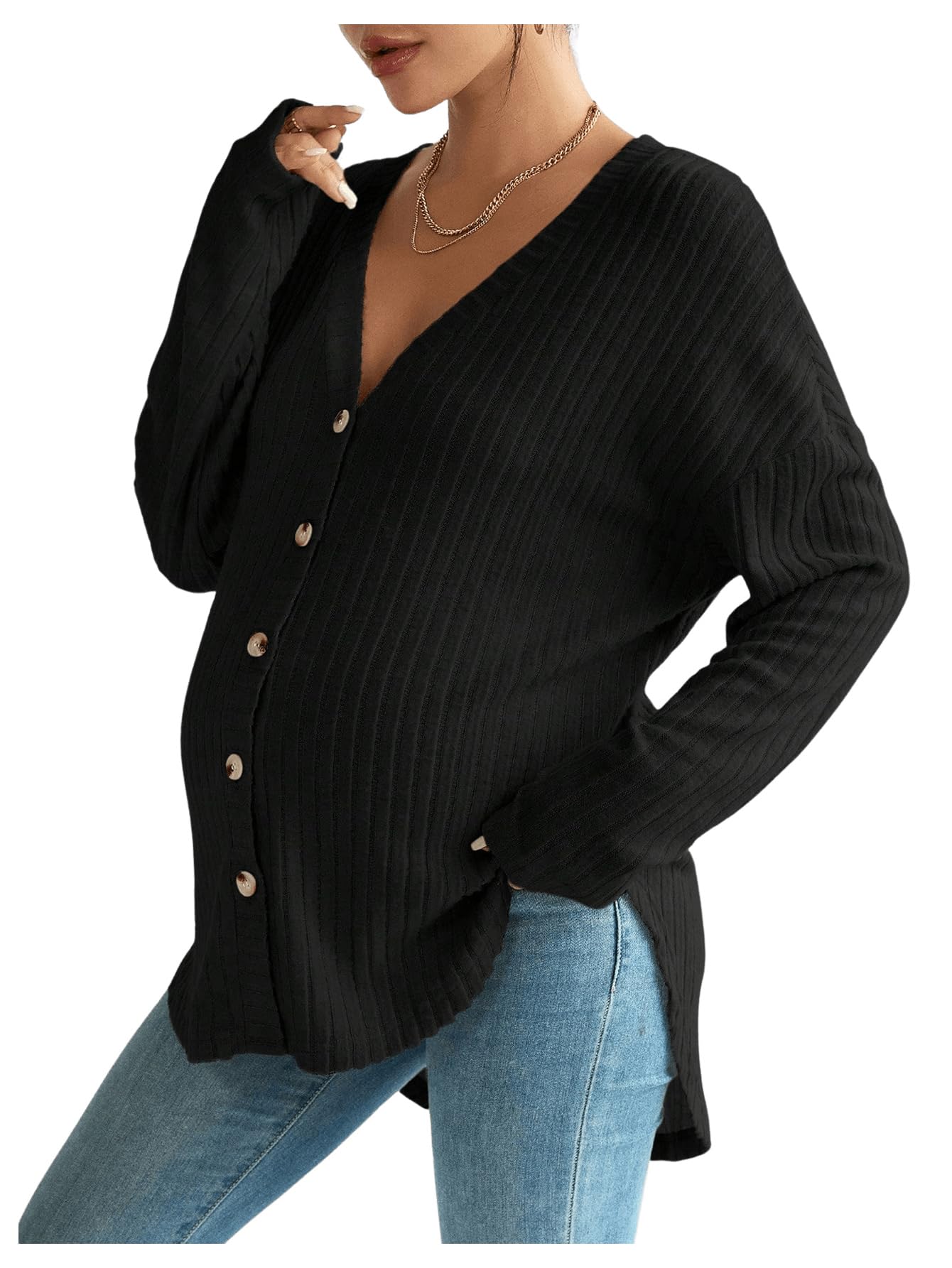 Giacca premaman da donna, con scollo a V, maniche lunghe, oversize, maglia a coste, maglione per gravidanza, morbido, confortevole, casual, abbottonatura frontale, top per allattamento e uso