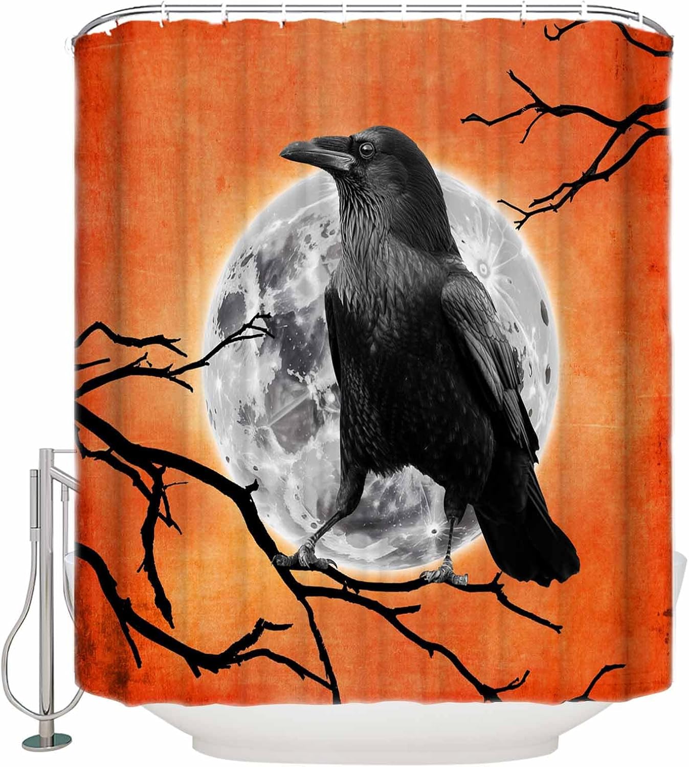 Halloween Shower Curtain 72 inches LongRaven Full Moon Orange Polyester Fabric Shower Curtain with Hooks,Waterpoof Shower Curtains for Bathroom Showers and Bathtubs 72" Wx72 L