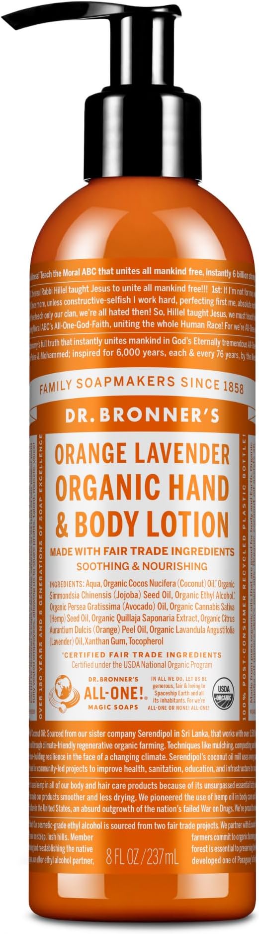Dr Bronner's 3-in-1 Lavender & Coconut Organic Hand and Body Lotion, Made with Organic Oils. Used for Hands, Face and Body, Certified Fair Trade & Vegan Friendly, 236ml Recycled Pump Bottle