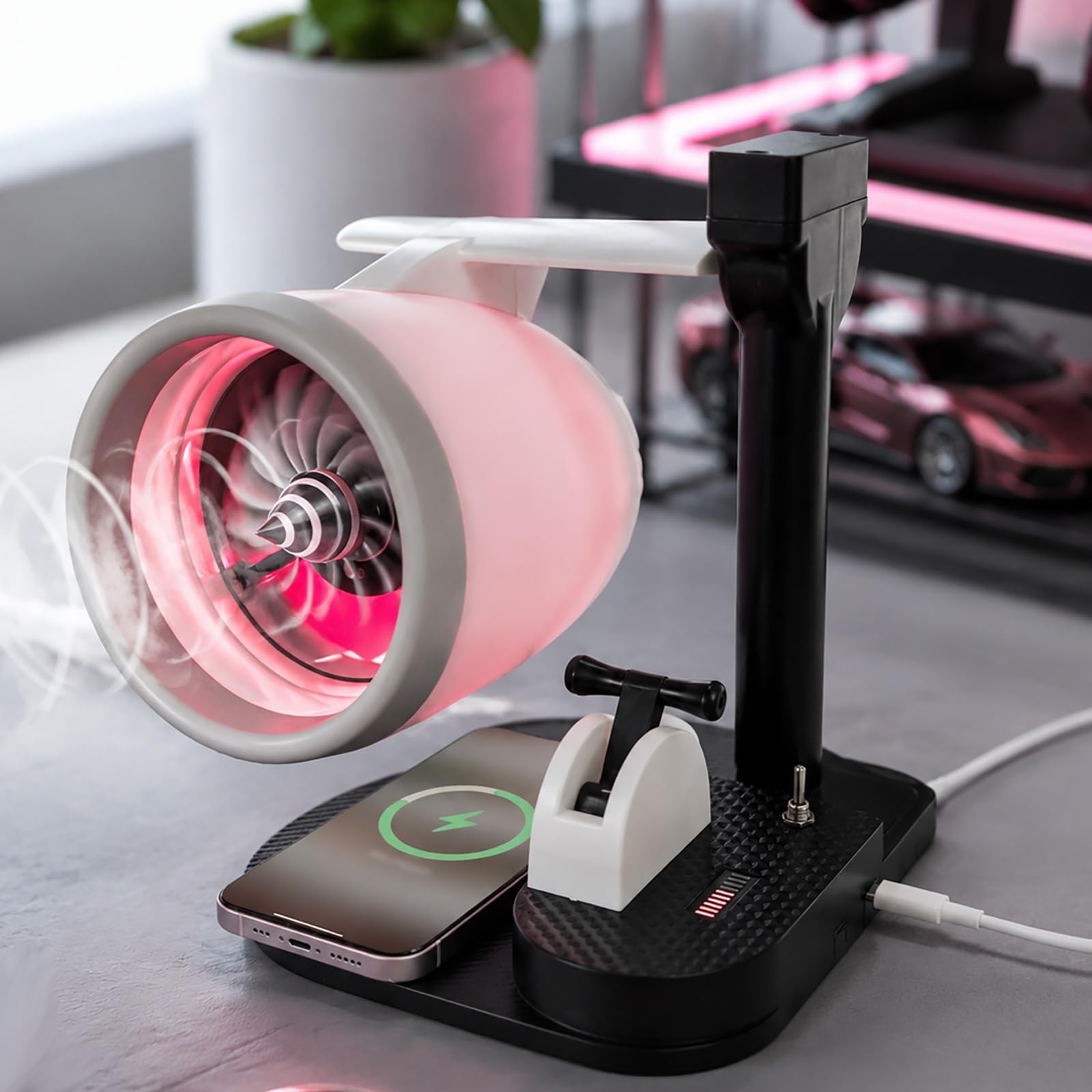 Wentylator biurkowy w stylu silnika odrzutowego z nawilżaczem | Funkcja nawilżania mgiełka, efekt płomienia LED, regulacja prędkości nawiewu, zasilanie USB, idealny do biura domowego