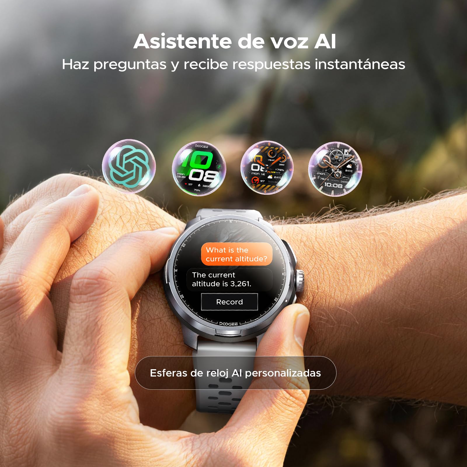 DOOGEEco Anymoving M1 Reloj Inteligente Hombre y Mujer, Smartwatch con IA, GPS de Doble Banda (5ATM y IP68), Gran Pantalla AMOLED de 1,5'', Autonomía 20 Días, 170+ Modos, Con 3 Correas de Regalo