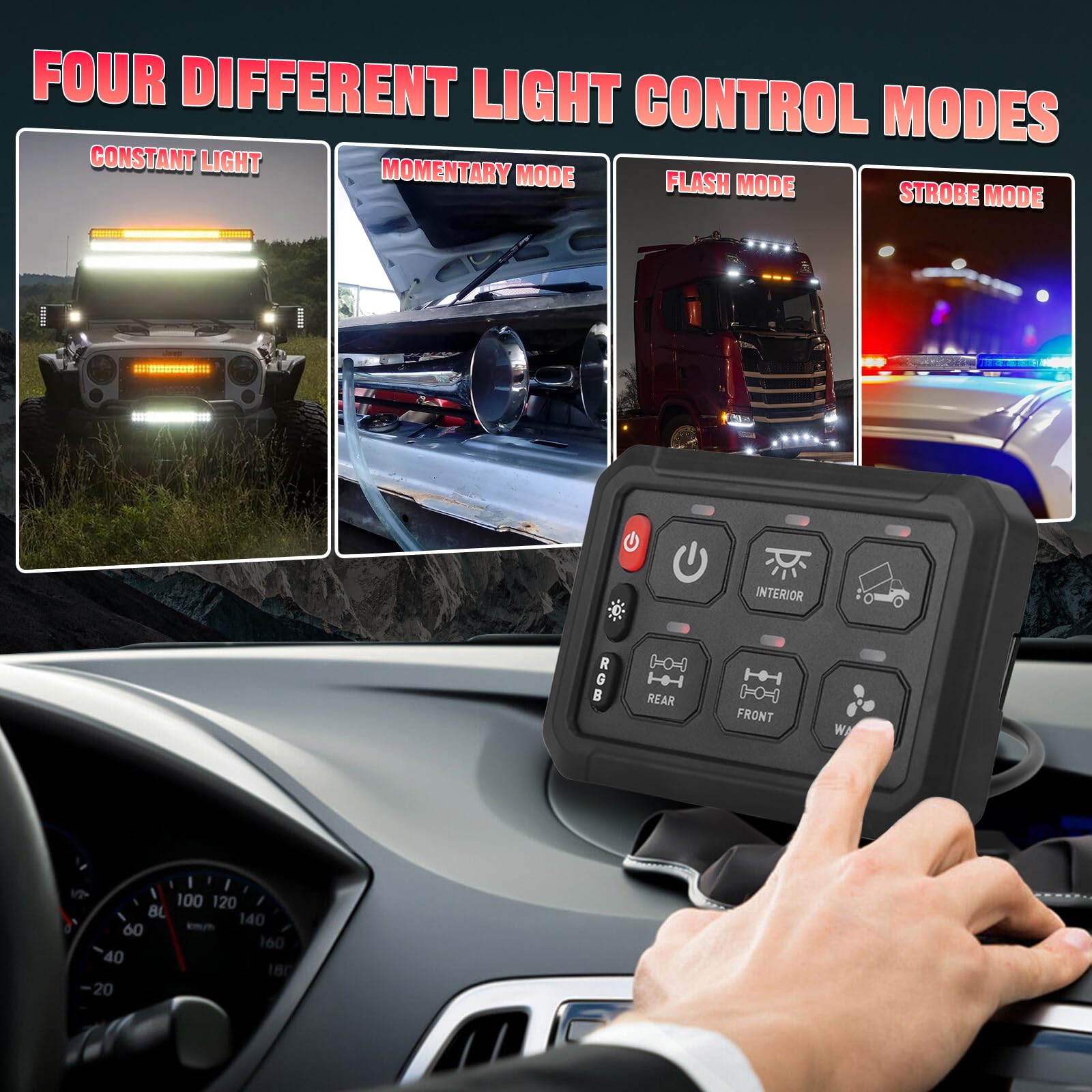 Chelhead Panel de interruptor remoto Bluetooth de 6 bandas, retroiluminado RGB, luz estroboscópica, multifunción, panel de interruptor auxiliar multifunción con control de aplicación, impermeable