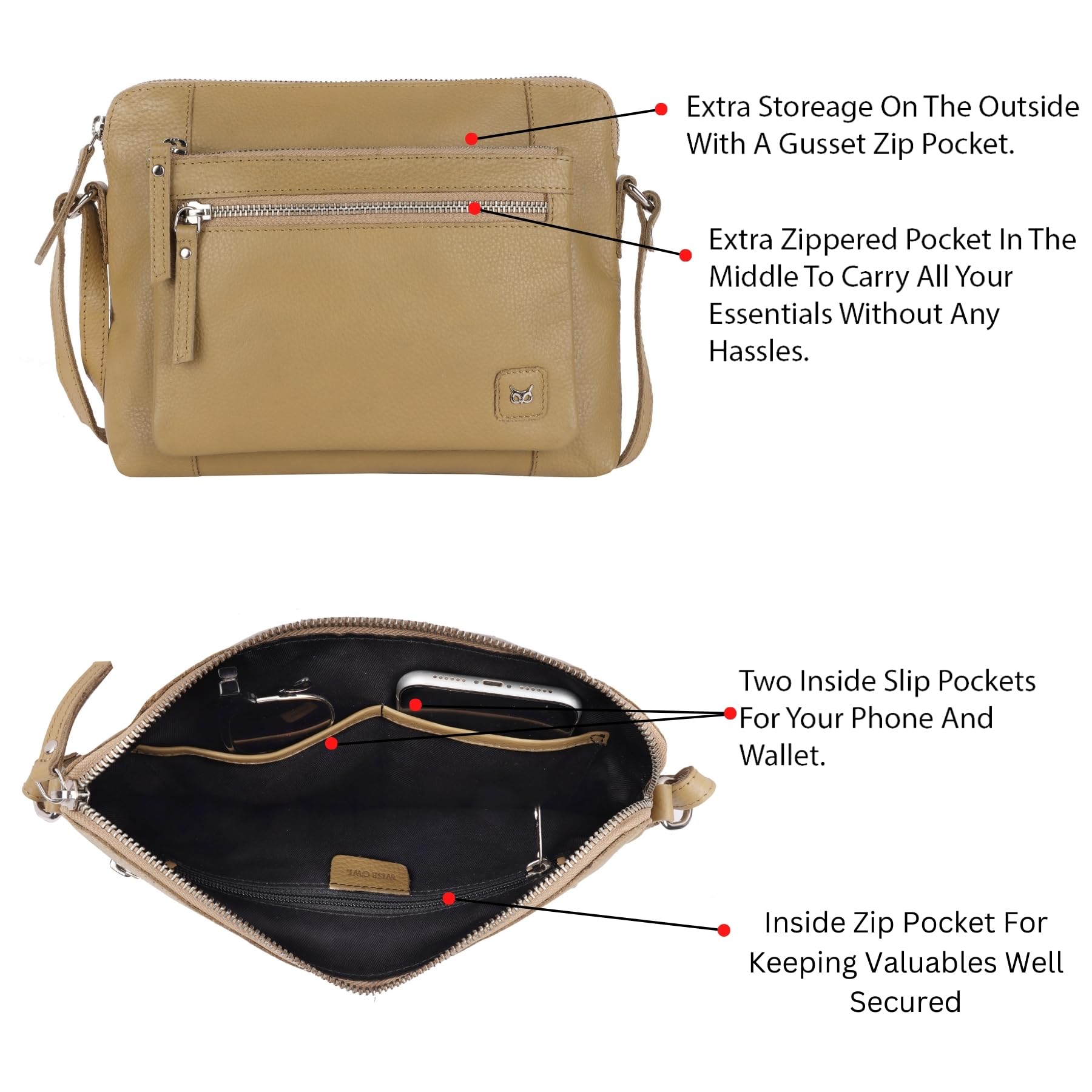 Wise Owl Accessories Small Soft Pebbled Real Leather Crossbody Handbags Purses Sling Crossover Shoulder Bag