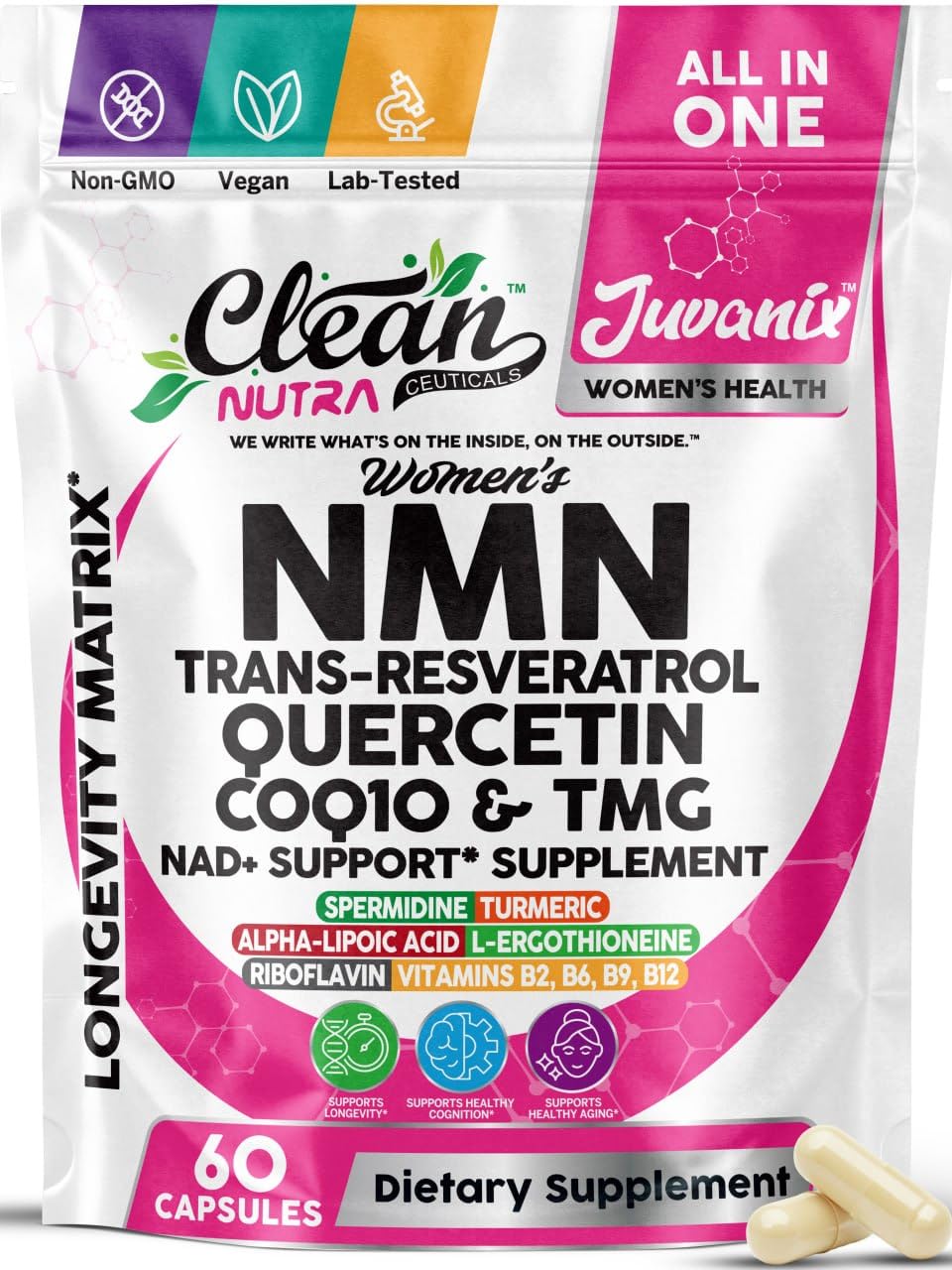 Clean Nutra NMN Supplement for Women CoQ10 NAD Quercetin Resveratrol Spermidine — Womens NMN 500mg Supplements — Juvanix NAD Support Made in USA — TMG & Anti Aging Pills for Women — 60 Capsules