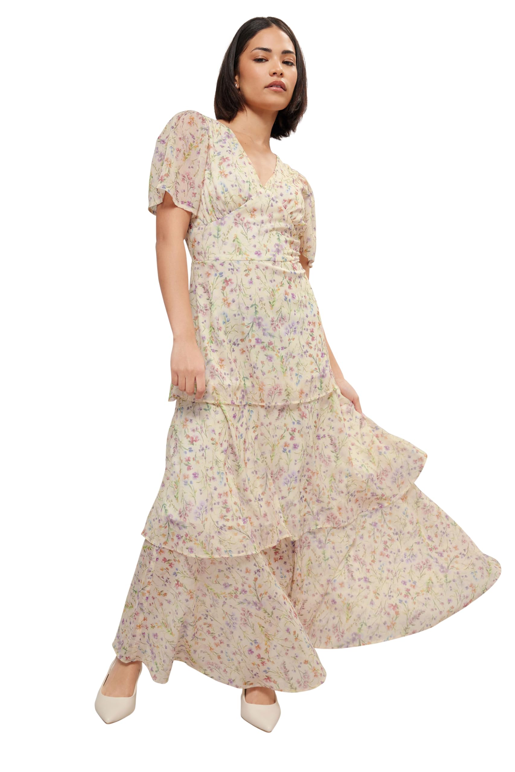 Pixiegirl Women's Yellow Petite Floral Chiffon Tiered Maxi Dress Petite Size 14