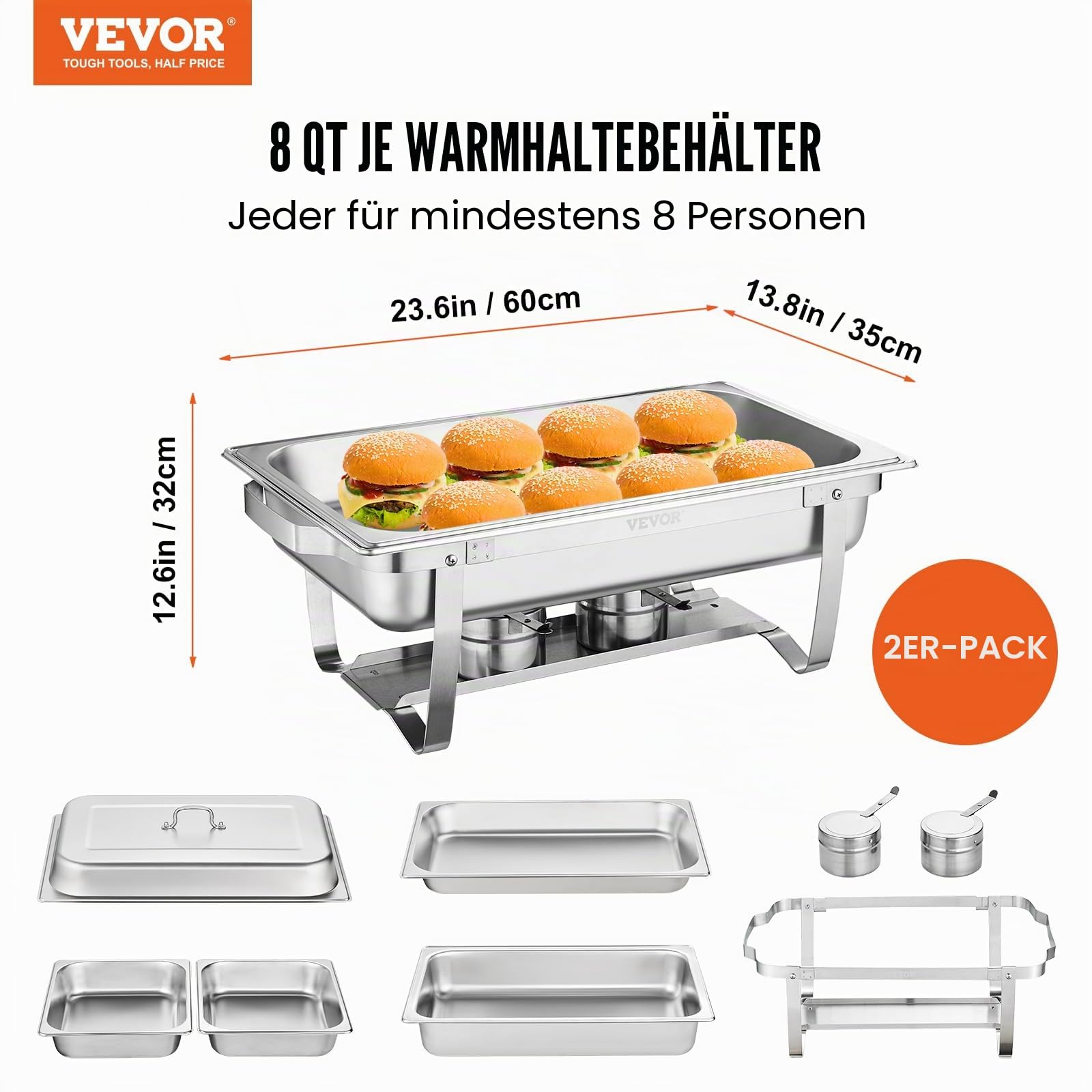 VEVOR 2 STK. Chafing Dish Profi Set Wärmebehälter Edelstahl Buffet Set Rechteckig, 2 x 9 L / 4 x 3,5 L, 53 x 32,5 x 6,5 cm Jeder Behälter, für Buffets, Familienfeiern, Bankette, Hochzeiten usw.