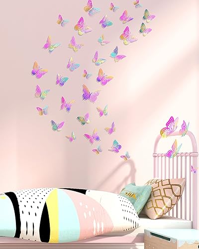 Miniatura 4 de 72 piezas de decoración de pared de mariposa 3D, decoraciones de mariposa rosa morado, 4 estilos, 3 tamaños, mariposas extraíbles, calcomanías de