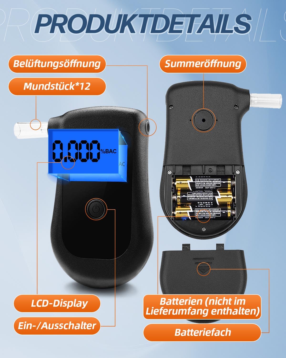 Präziser Alkoholtest Polizei-Standard, Professioneller Atemalkoholmessgerät mit 12 Mundstücken, Hochpräziser persönlicher Alkoholtester mit digitalem LCD-Display, Vatertagsgeschenk für Papa