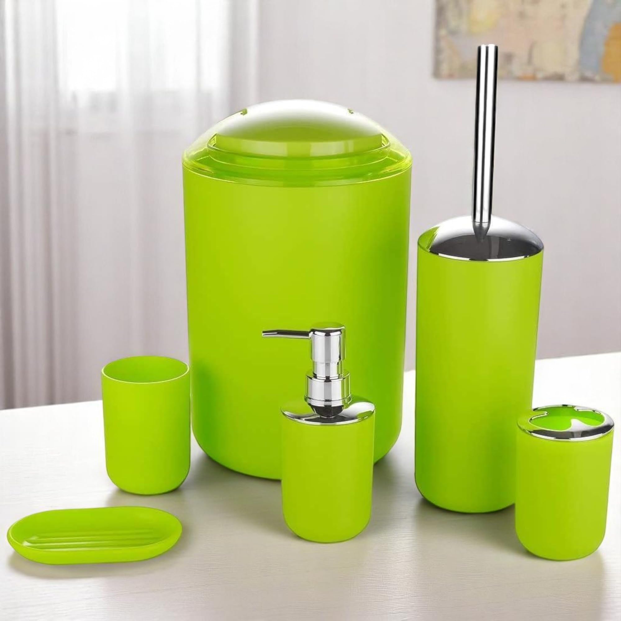 GMMH – Set di 6 accessori da bagno, con dispenser per sapone, porta saponetta e scopino per WC (modello 3, verde)