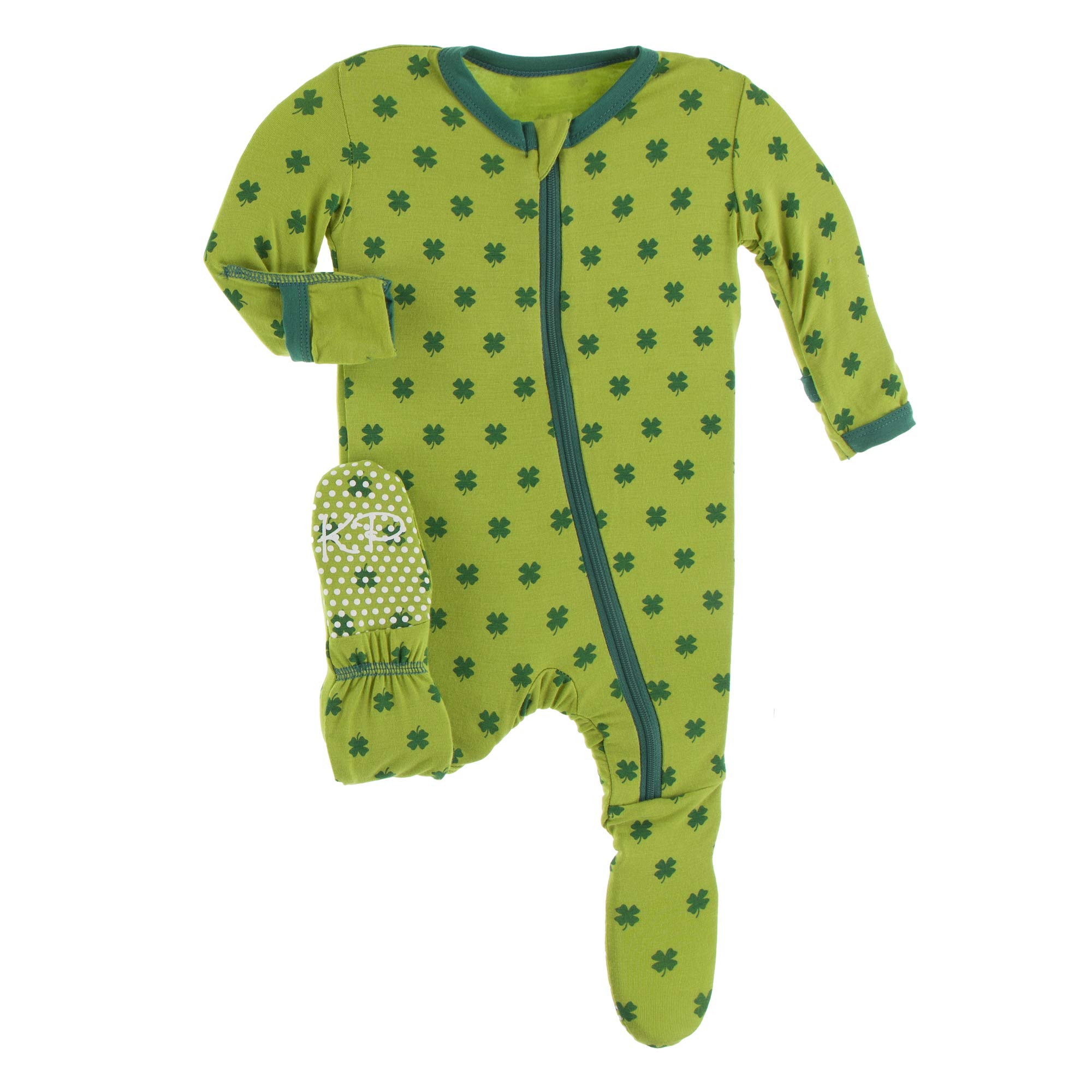 KicKee Footie with Zipper in St. Patrick’s Day Themed Clovers, One Piece Boy or Girl Baby Clothes, Sleepwear for Babies and Kids (Meadow Clover - 9-12 Months)