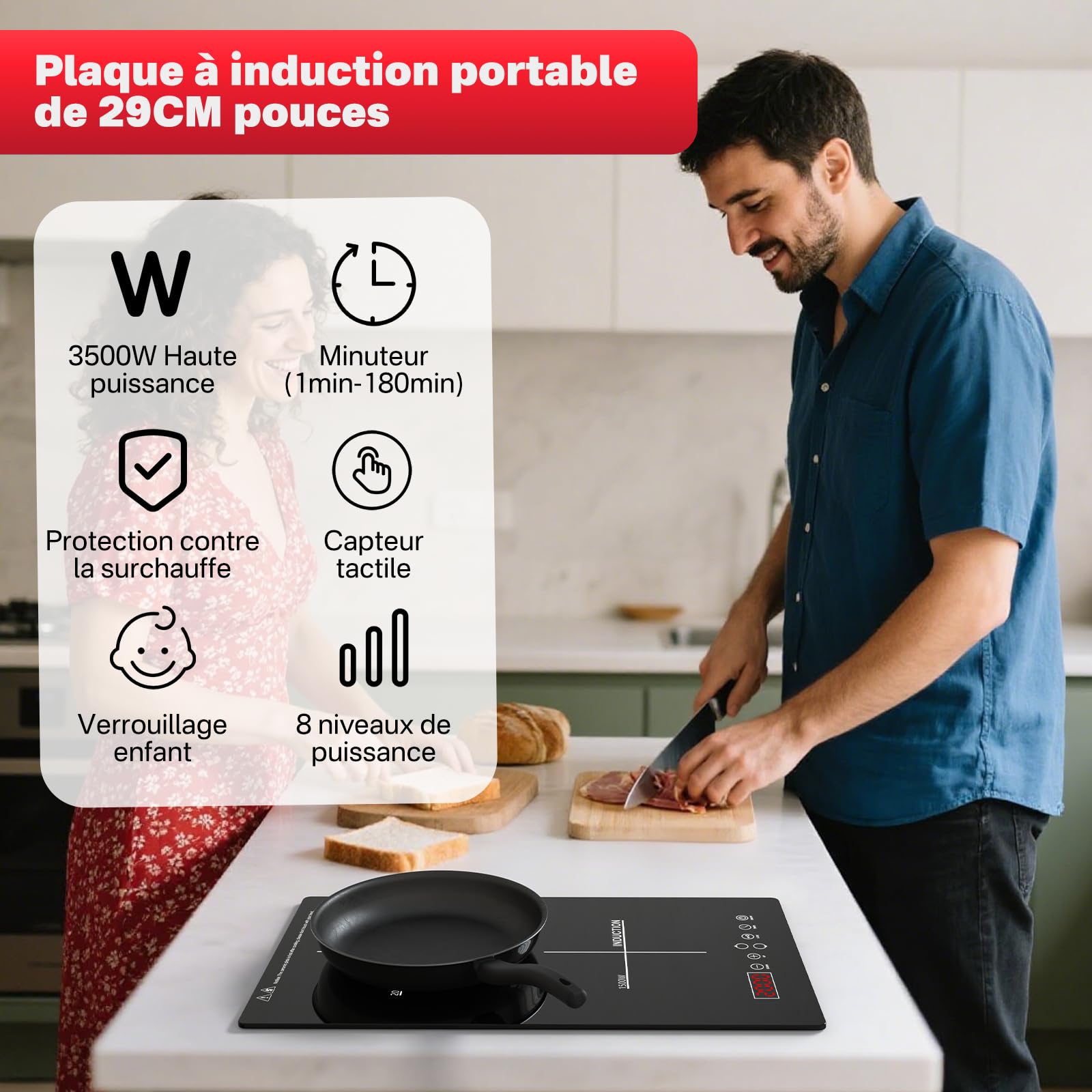 Plaque à Induction Encastrable 2 Foyers 3500W, Plaque de Cuisson Électrique avec Commande Tactile, Double Zone avec Minuteur et Sécurité Enfant, Induction - ID2EU
