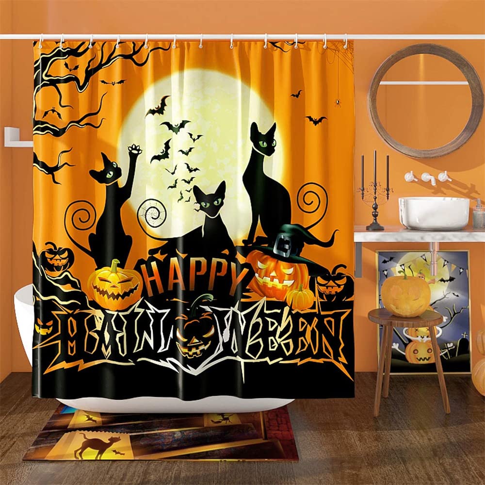 Black Cats Shower Curtain Halloween Decoration Happy Halloween Black Cats on Pumpkin Lanterns Bats Full Moon Gothic Dead Tree Yellow Holiday Bath Curtain (Cat)
