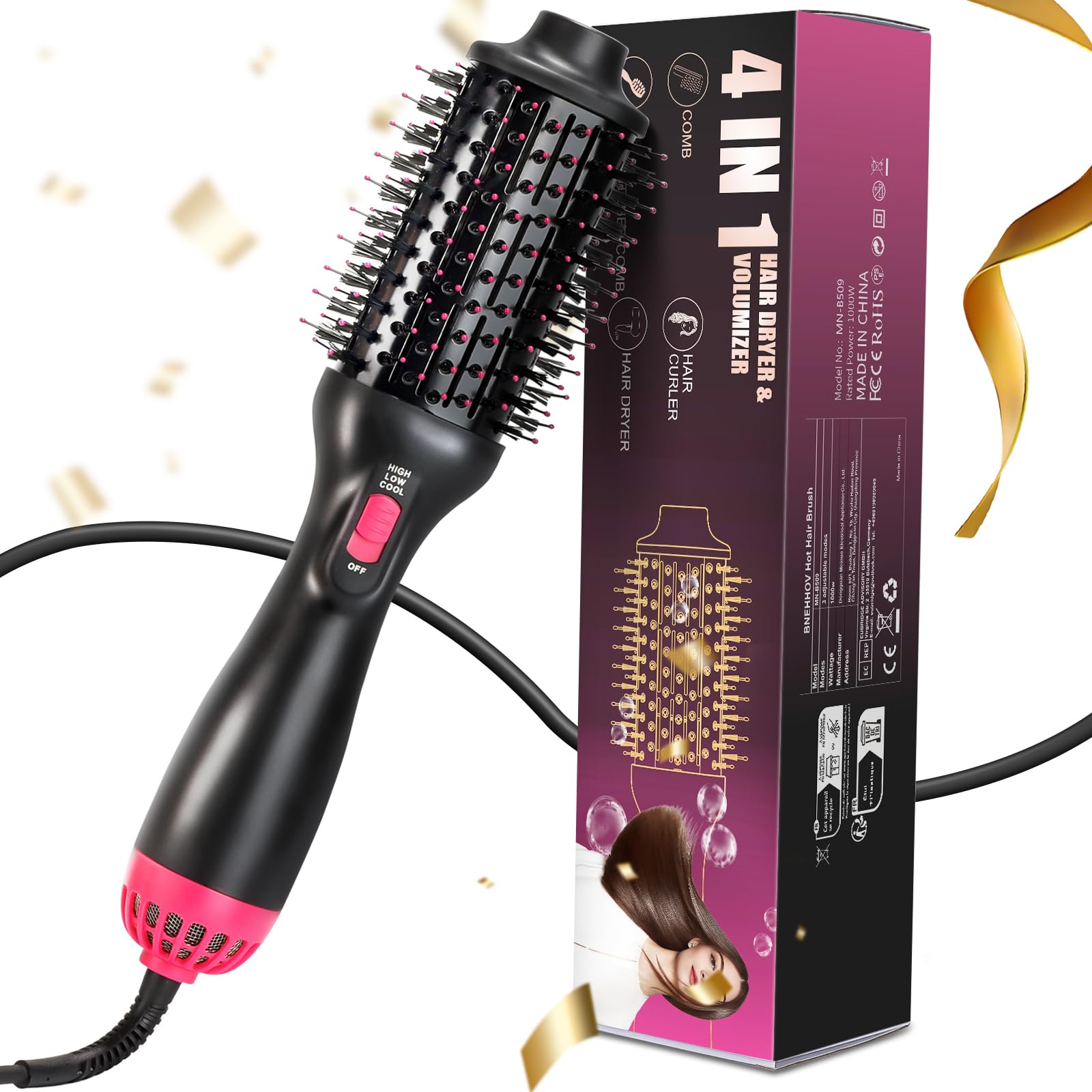 Spazzola ad Aria Calda, Spazzola Asciugacapelli 4 in 1, Spazzola Lisciante per Capelli per asciugatura, lisciatura, arricciatura e volume, Volume Capelli 3 Temperature e 2 Livelli di Flusso