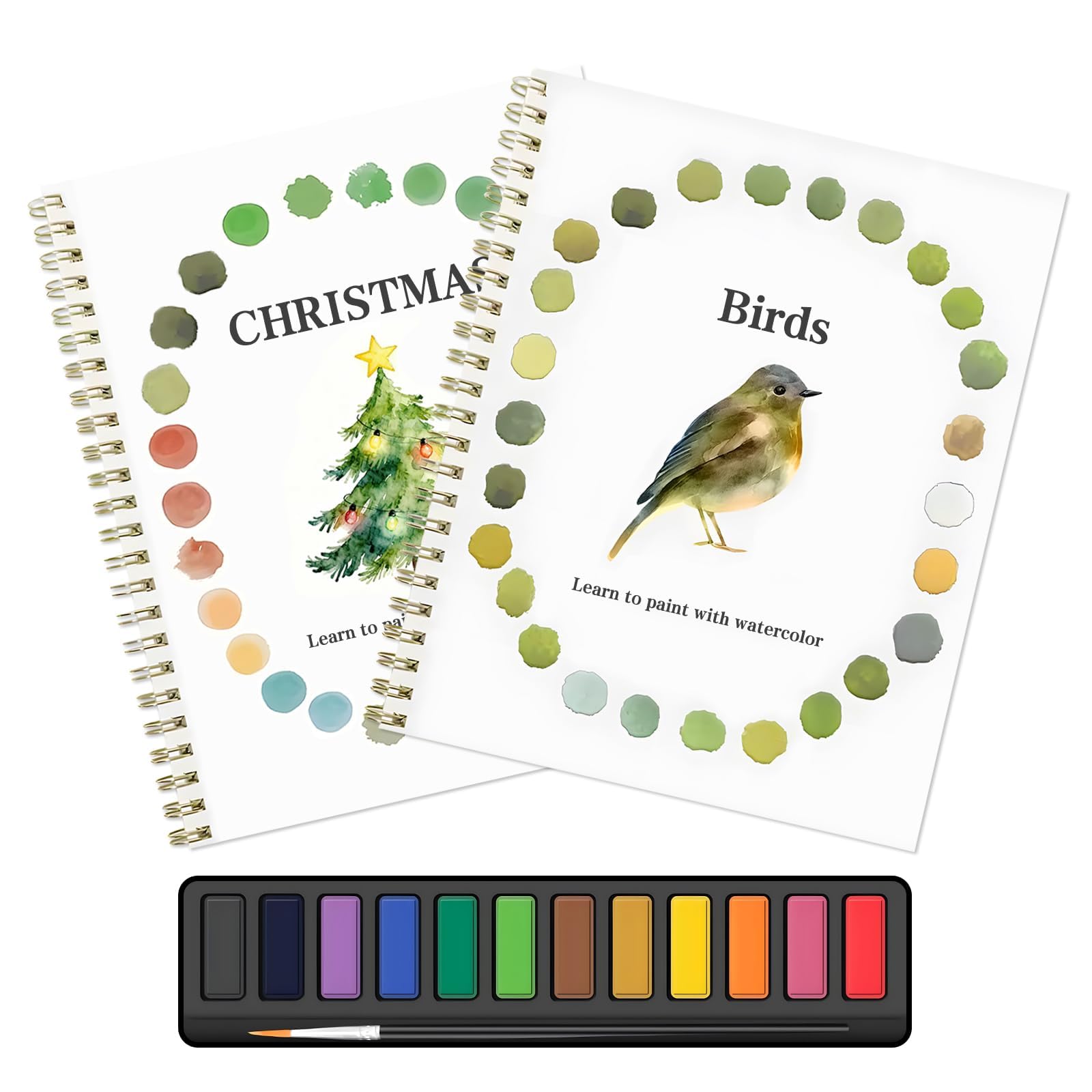 2Pcs Watercolour Workbooks for Adults, Watercolour Book for Beginners, 12 Colors Water Colour Paints Set with Brush, Nature Scenes Art Crafts Kit for Men Women Gifts (Bird + Christmas Tree)