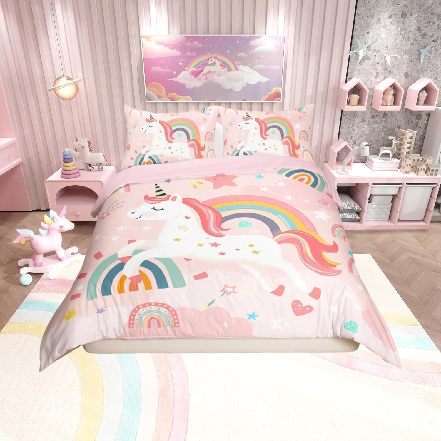 Homemissing Cute Unicorn Duvet Cover Set Cot Size For Kids Girls Teens Rainbow Bedding Set Rainbow Unicorn Decor Comforter Cover Set Cartoon Animal Pink Quilt Cover with 1 Pillowcase