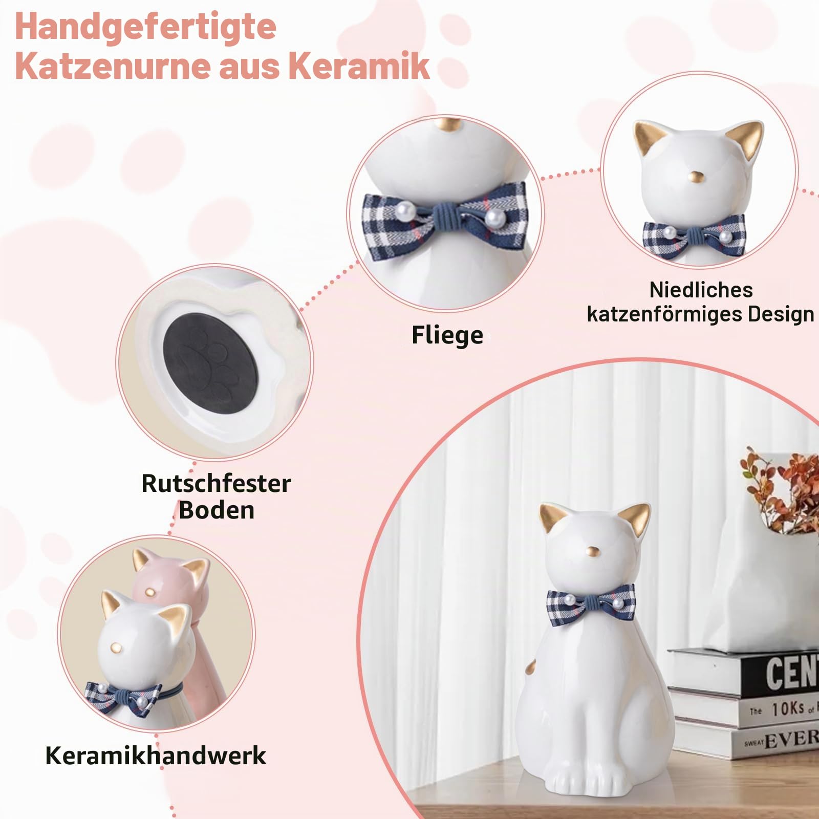 Handgefertigte Keramik-Katzen-Urne für Asche, Katzenstatue, Beerdigung, Gedenkgeschenk, Haustierurne für den Innen- und Außenbereich (Schwarz, Einheitsgröße)