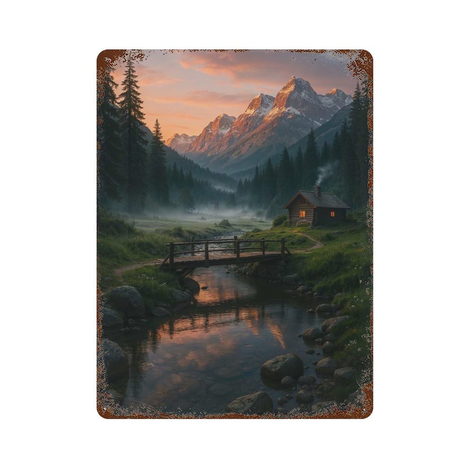 Mountain Cabin at Sunset Rust Effect Tin Sign 15.7"x11.8", Industrial Home Decor for Garage, Pub Or Kitchen