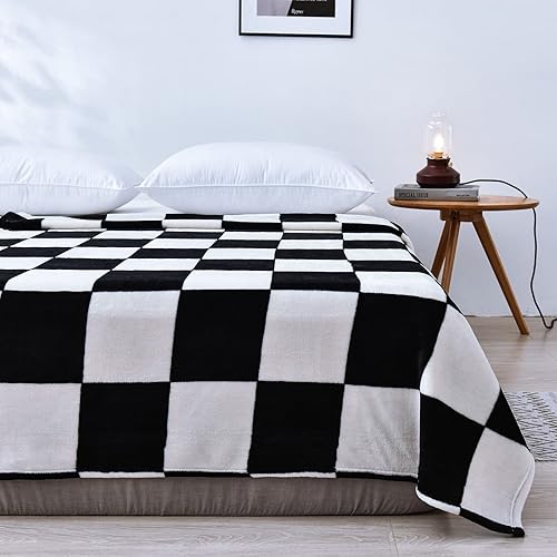 Miniatura 3 de Vessia Manta grande de franela de felpa (50 x 70 pulgadas), manta ligera a cuadros en blanco y negro - 300 GSM, manta de microfibra suave y