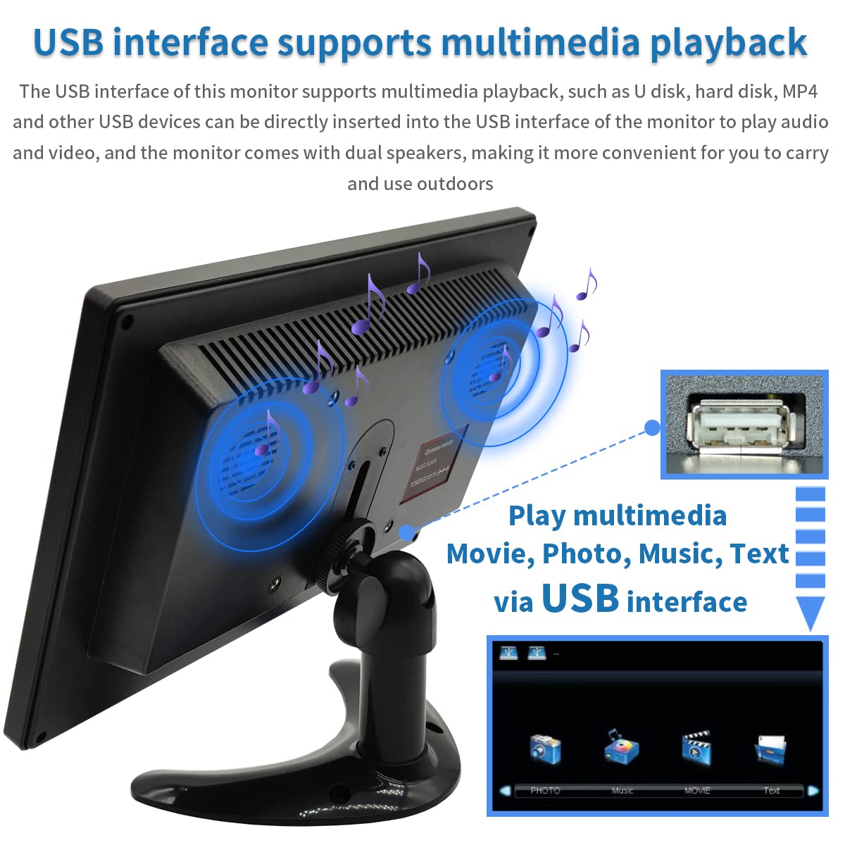 Moniteur de sécurité et écrans de 10,1", résolution 1024 x 600, prise en charge d'entrée HD/BNC/AV/VGA/USB, double haut-parleurs intégrés, moniteur LCD portable, adapté pour les jeux vidéo