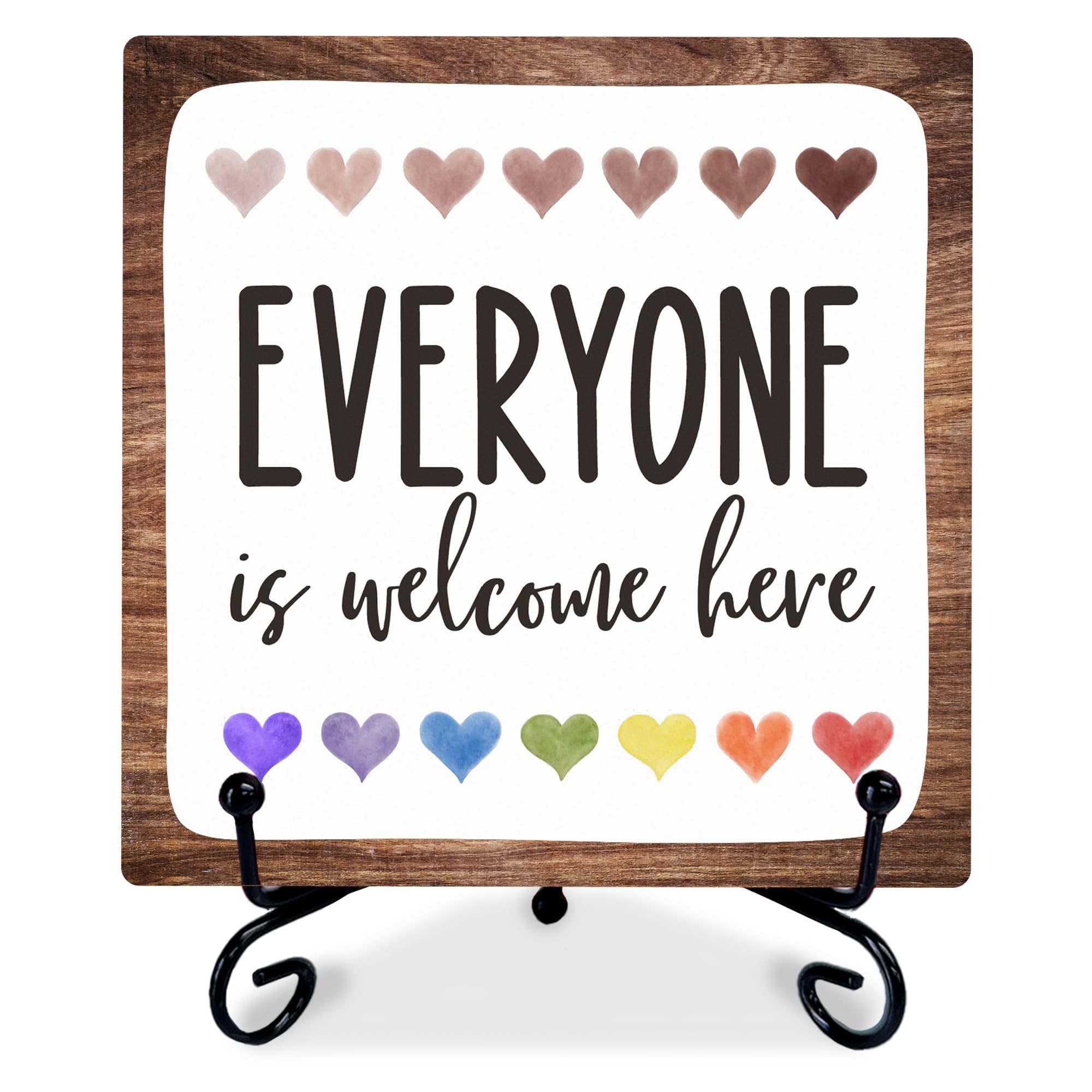 Decorazione in legno ispiratrice da 10,2 cm, con scritta in lingua inglese "Everyone Is Welcome Here", targa in legno con 1 supporto in metallo, decorazione rustica da scrivania per casa, ufficio,