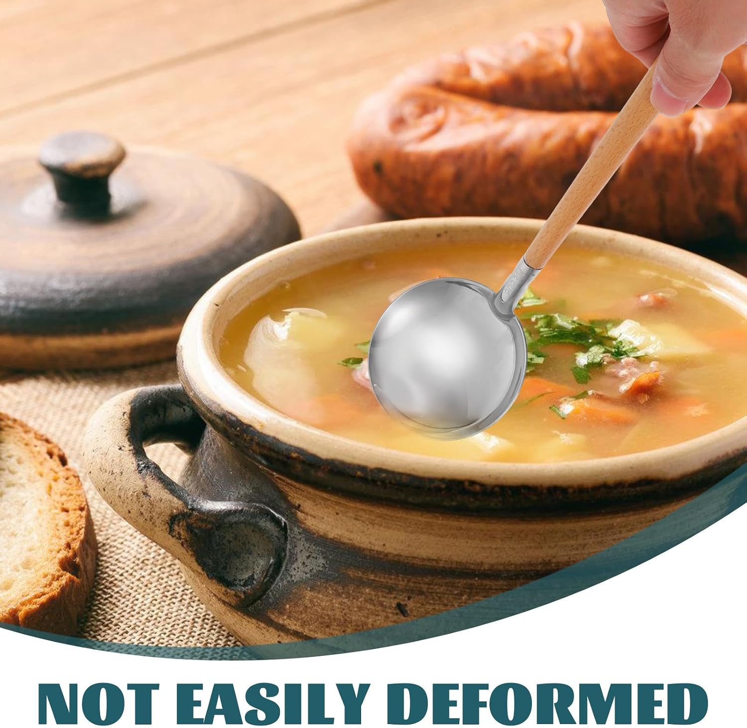 Stainless Steel Soup Ladle Strainer with Long Wood Handle Kitchen Set