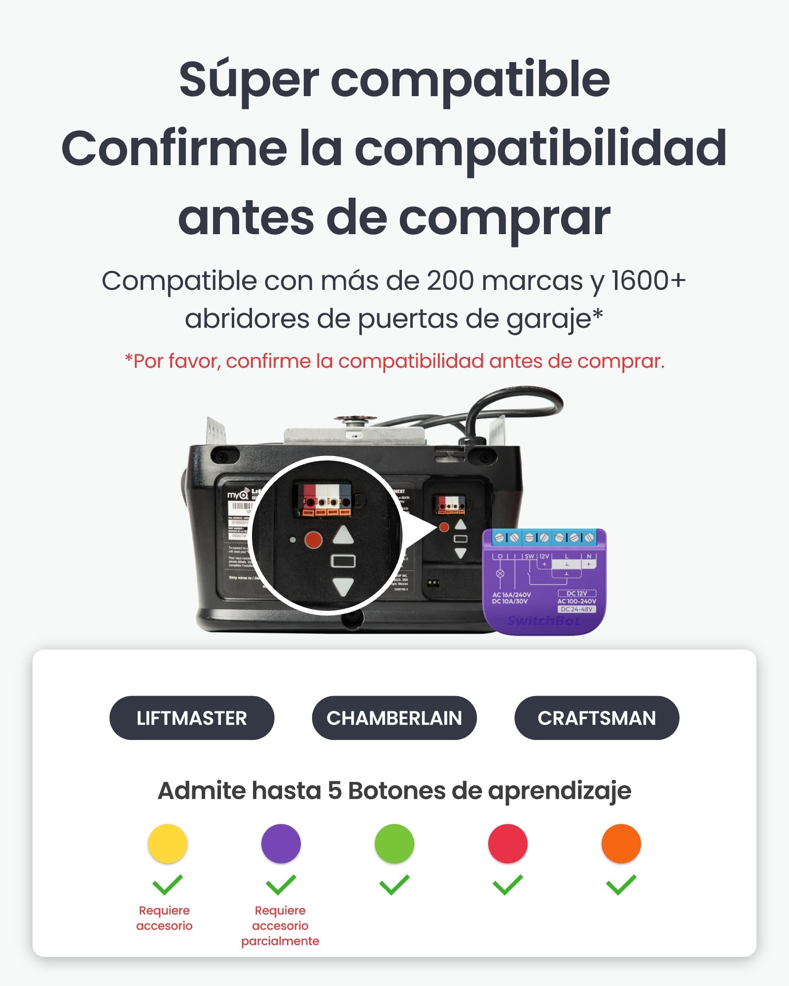 SwitchBot Abridor de puerta de garaje inteligente WiFi, certificado mate, control de aplicación, Alexa/Google/Siri/IFTTT/SmartThings compatible, múltiples modos de notificación, no requiere hub