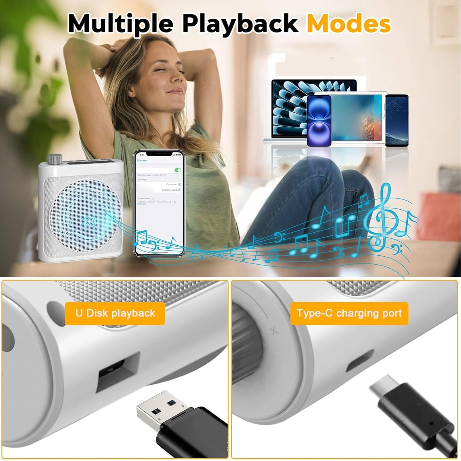 Bewinner Amplificatore Vocale Wireless da 15 W con Doppi Microfoni Lavalier Magnetici, Altoparlante Portatile Bluetooth 5.4 con Riduzione del Rumore, PA Ricaricabile 25 Ore per la (WHITE)
