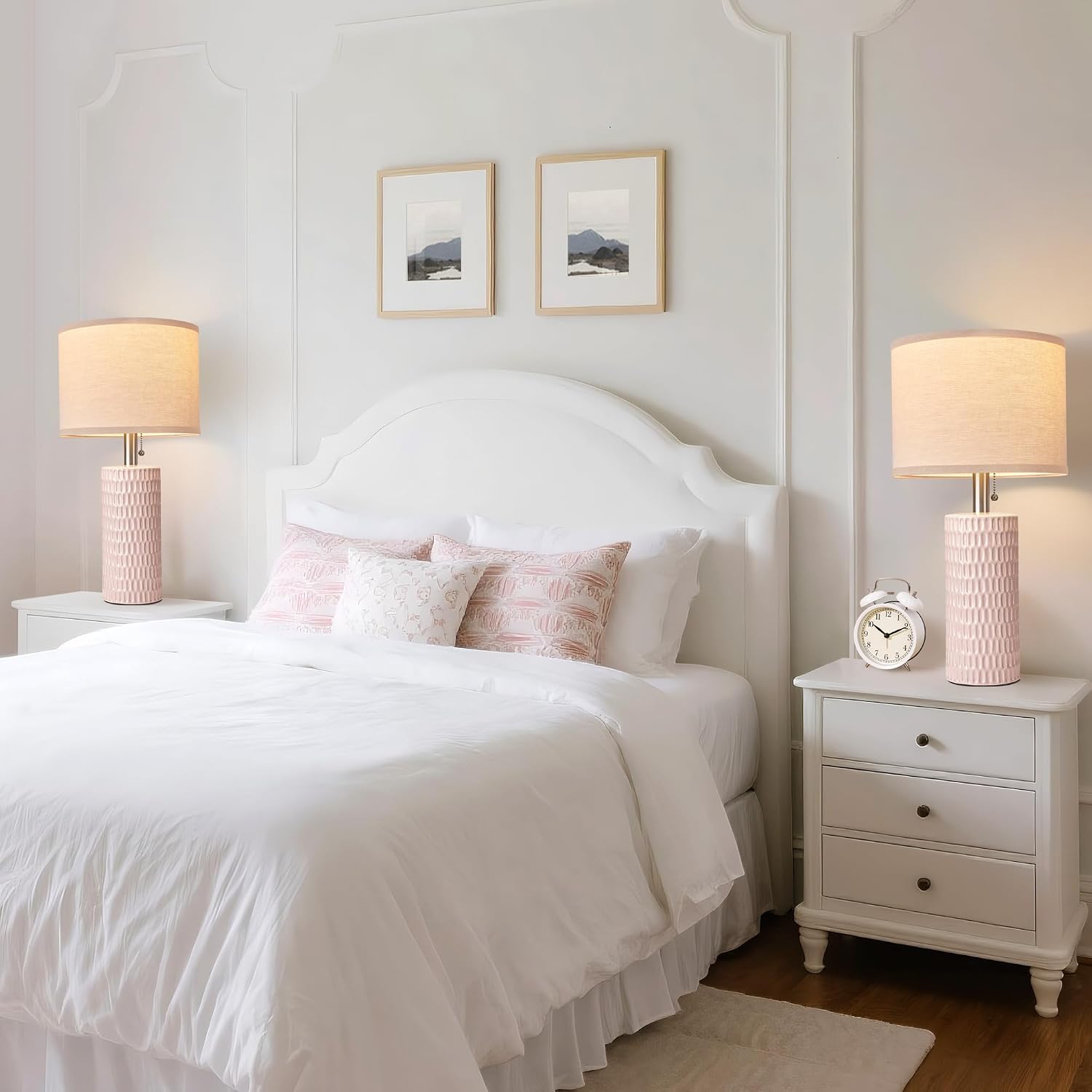 Reaketon 20.5" Modern Ceramic Table Lamps for Bedroom Set of 2, Bedside Lamps for Night Stands with Beige Lampshade, Farmhouse Table Lamp for Living Room Office Dorm, Pink