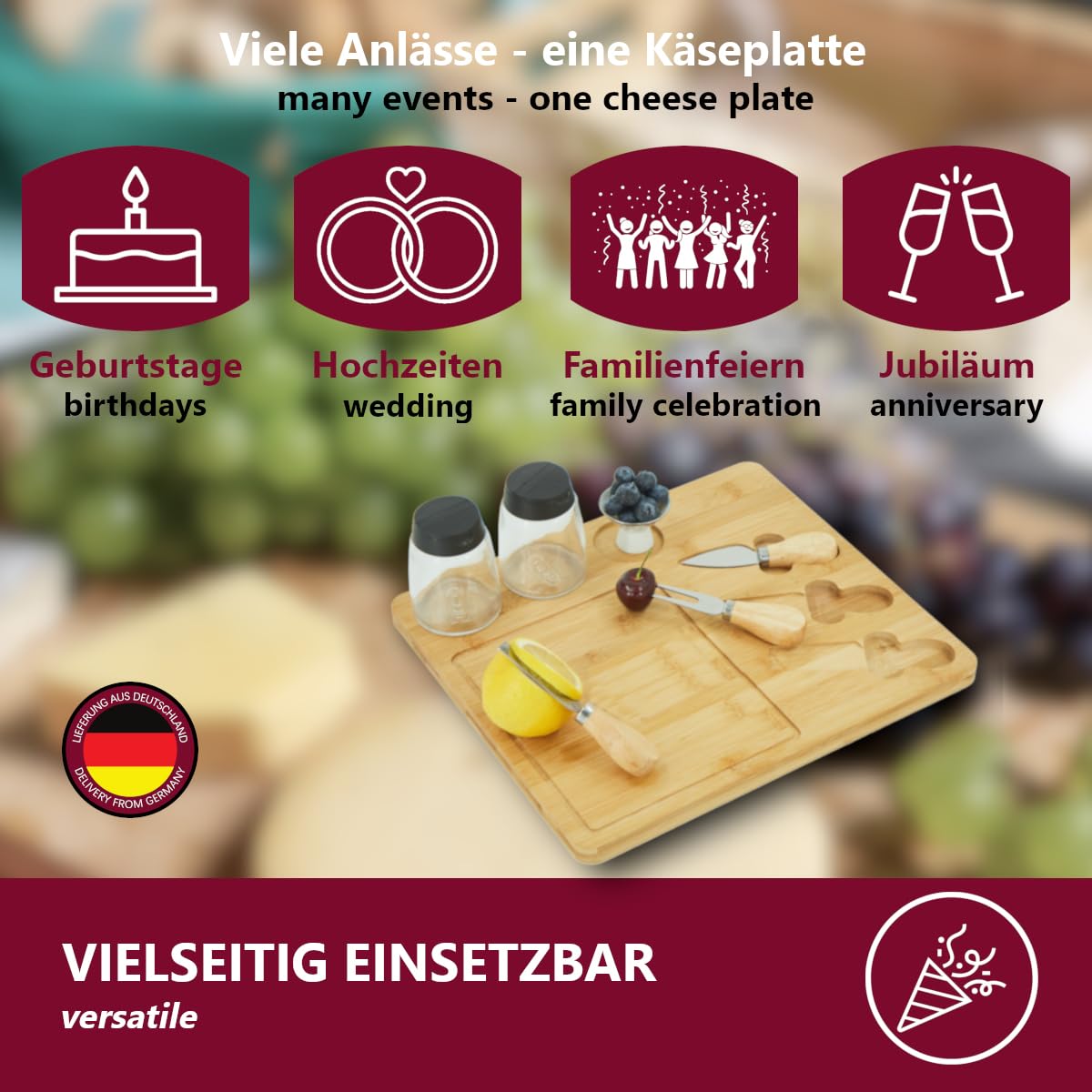 Persönliches Käsebrett-Set Mit Herz-Design – Aus Bambus, Inklusive Käsemessern, Perfekt Als Geschenk Für Einweihung, Hochzeit Oder Weihnachten