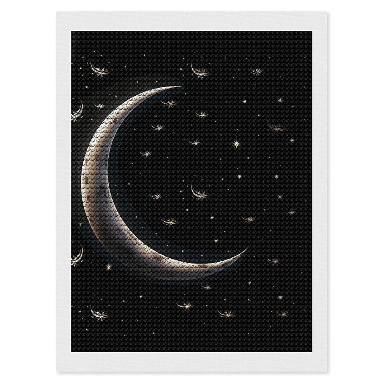 Crescent Moon on Black Background Diamond Art Kits for Adults, DIY 5D Diamonds Painting Kits for Beginner, Round Full Drill Diamond Dots Painting, Diamonds Pictures Gem Art And Crafts Wall Decor 12"x1