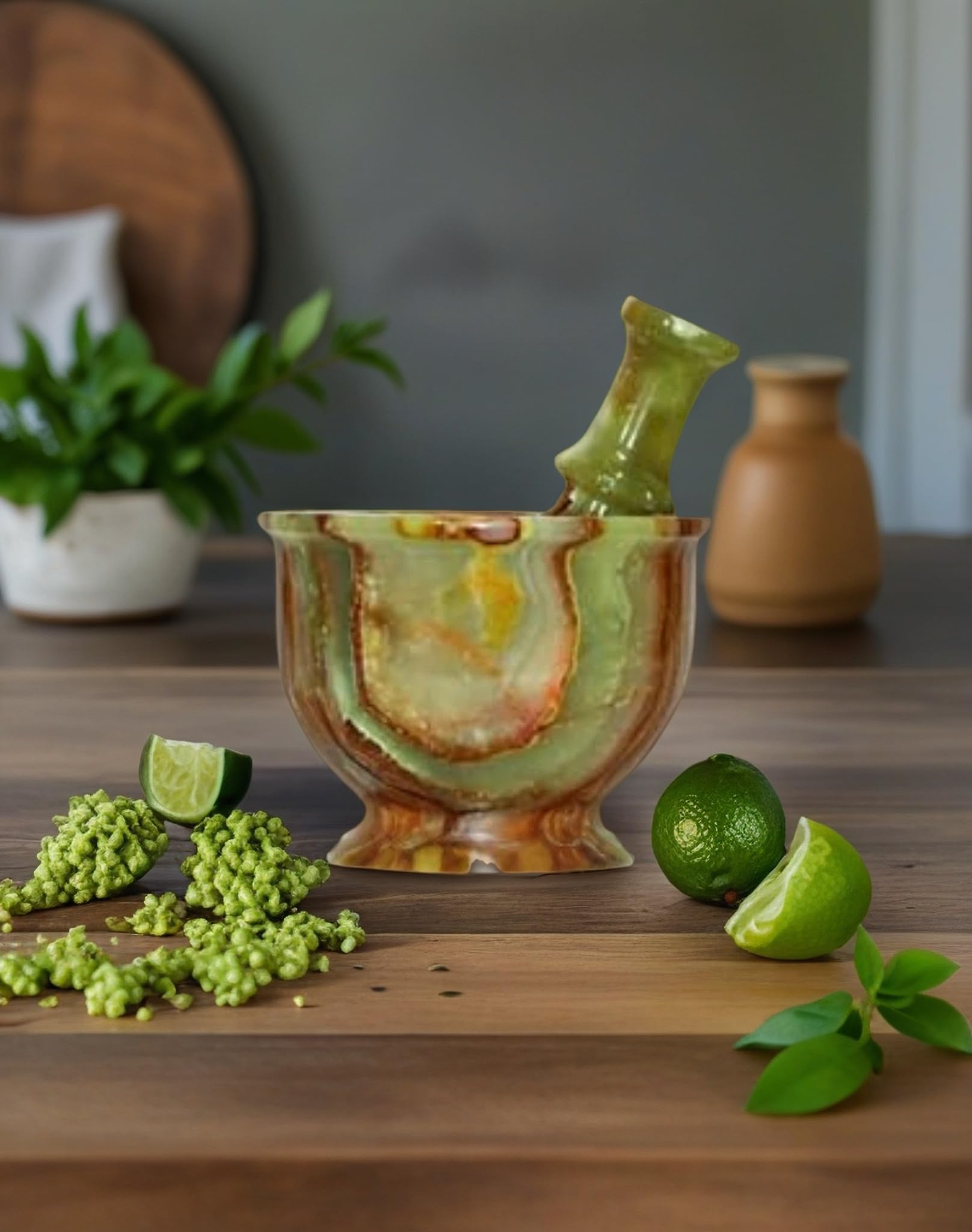 Juego de mortero de calcita verde hecho a mano, grande, trituradora de hierbas rústicas y molinillo de piedra, ideal para decoración de cocina y regalos de inauguración de la casa.