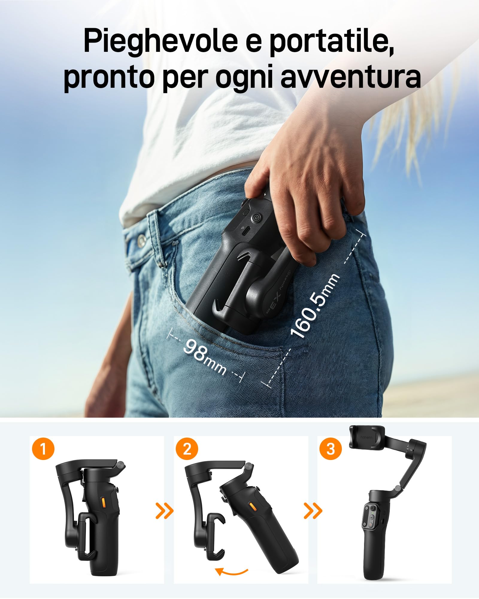 hohem iSteady X3 SE Gimbal Smartphone, stabilizzatore cardanico a 3 assi, design leggero e pieghevole con telecomando staccabile, batteria da 11 ore, perfetto per vlogging, selfie e viaggi